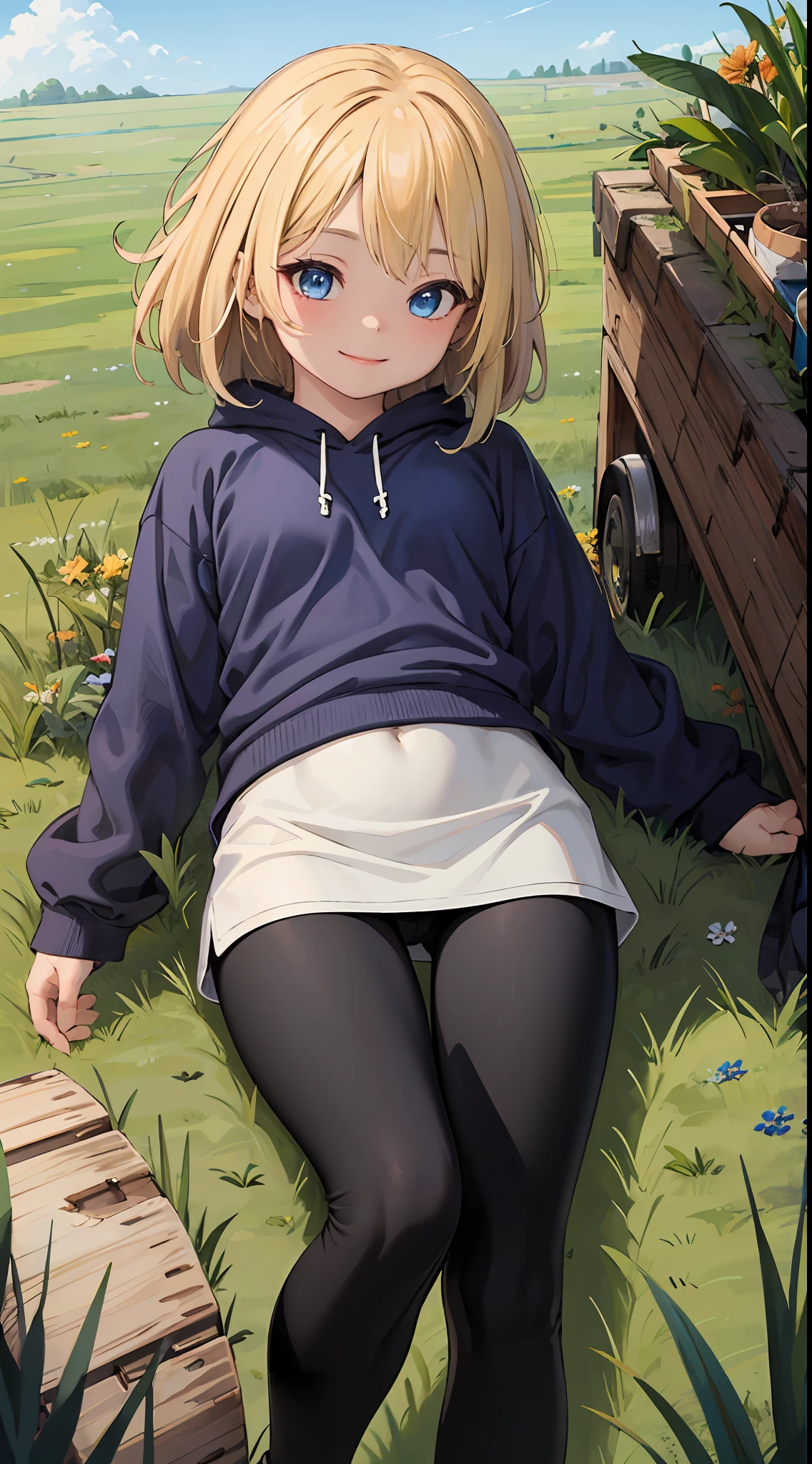 best quality, masterpiece, small breasts, smile, sweatshirt, leggings, outdoors, anime style, grass field, daytime, blue sky, blue eyes, detailed eyes, medium hair, blonde hair, loose hair, bangs, lying down,
