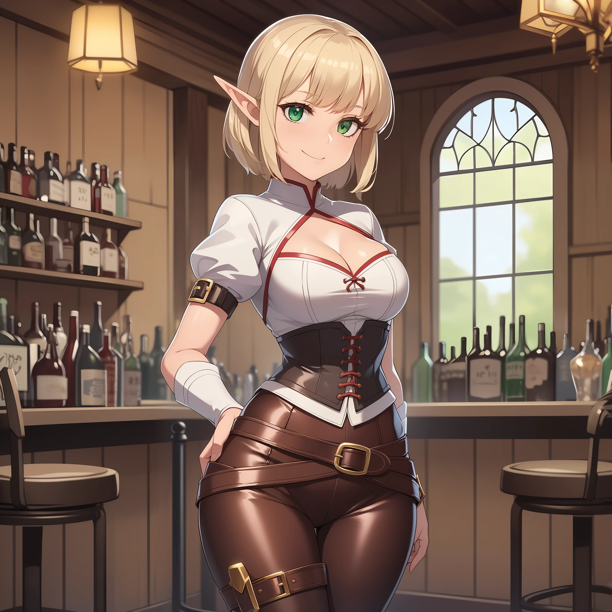 (((kipteitei art))), Masterpiece, high quality, best quality, beautiful, HD, perfect lighting, detailed face, detailed body, ((1girl)), ((solo)), elf girl, medieval fantasy, fantasy village, short blonde hair, ((fluffy hair)), green eye, smug smile, leather corset, medieval peasant clothes, ((white blouse)), ((brown leather pants)), belt, belt pockets, dagger holster, fantasy tavern, bar, small breasts, cleavage, perky breasts, wide hips, skinny legs, thigh gap, dynamic angle, dynamic pose,