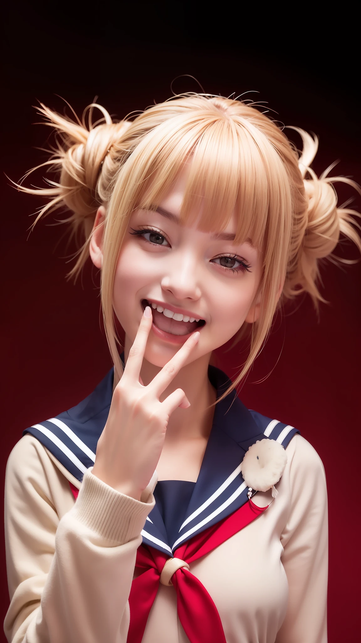 1 girl, Himiko Toga, double buns hairstyle, beige hair, sailor seifuku cream and dark navy, realistic, ultra detail, 70mm lens, open mouth smile