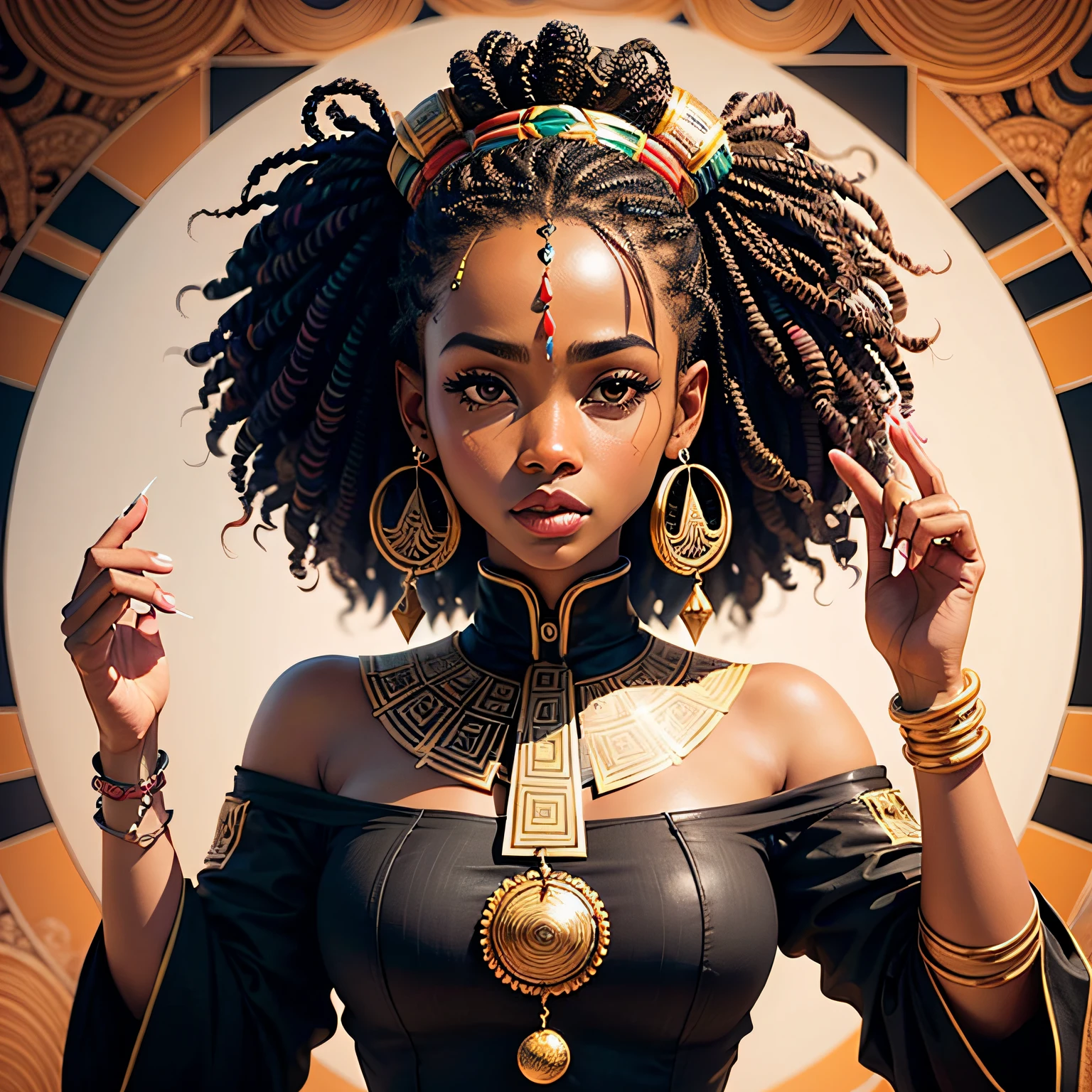 An image of a black woman surrounded by intricate Afrocentric patterns, simbolizando unidade e harmonia. The artwork combines vibrant colors and geometric shapes, creating a visually captivating composition. This style is perfect for a lively, culturally inspired piece of wall art.