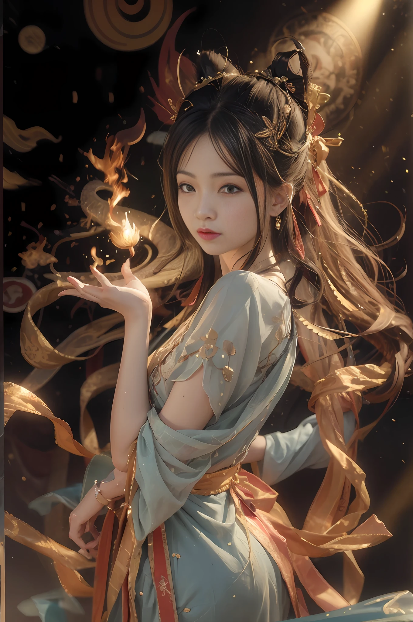 fortune teller、Masterpiece、(Raw photo, Best quality), (Realistic, a photorealistic:1.3), Best quality, Highly detailed, masutepiece, Ultra-detailed, Illustration, 1girl in, Upper body body_Body, Dynamic Angle, World Mastery Theater, Messy_Long_Hair,Best quality, extremely detailed CG unity 8k壁纸，ink，The is amazing，电影灯光，lens_flare，dunhuang_Style，Goose egg face shape，makeup，Chinese print