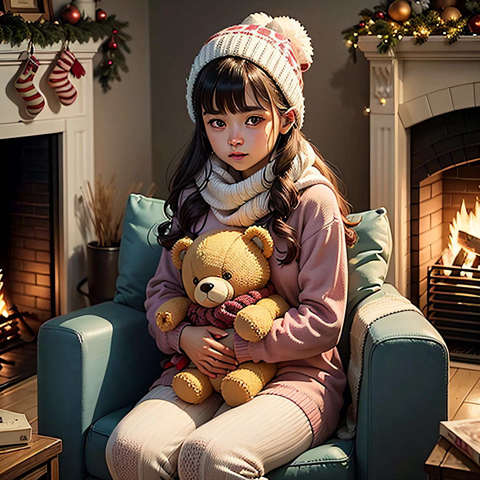 Uma imagem aconchegante de uma de 18 anos, h a lovely appearance, vestindo um pijama de estampa de flocos de neve. She's sitting in front of a fireplace, hugging a teddy bear with a knitting scarf. The environment is decorated with Christmas decorations and soft lights, conveying a sense of warmth and comfort.