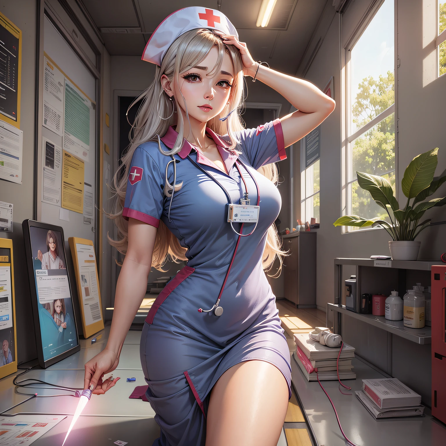1girl in、(独奏:1.2)、(cow-boy shot:1.2)、(Beautiful and detailed eyes description)、(beautiful and detailed face)、Perfect female body、neat figure、slender waist、(a young girl)、(20 yrs)、length hair、platinum-blonde-hair、Very large eyes、blue eyess、medium chest、red blush、full of shyness、watery lips、 nurse、(Transparent Nurse Dress)、Nurse Cap、No buttons、(White handbags:1.2)、(White pantyhose)、high  heels、a necklace、耳Nipple Ring、 inside the house、school nurse、Hospital Beds、window、White curtains、sunsight、squatting down、 (Top image quality), (ultra-definition), (​masterpiece), (Hi-Res), (original), (Super Definition CG Unified 8k Wallpaper), character designs, GameCG, Detailed Manga Illustration,