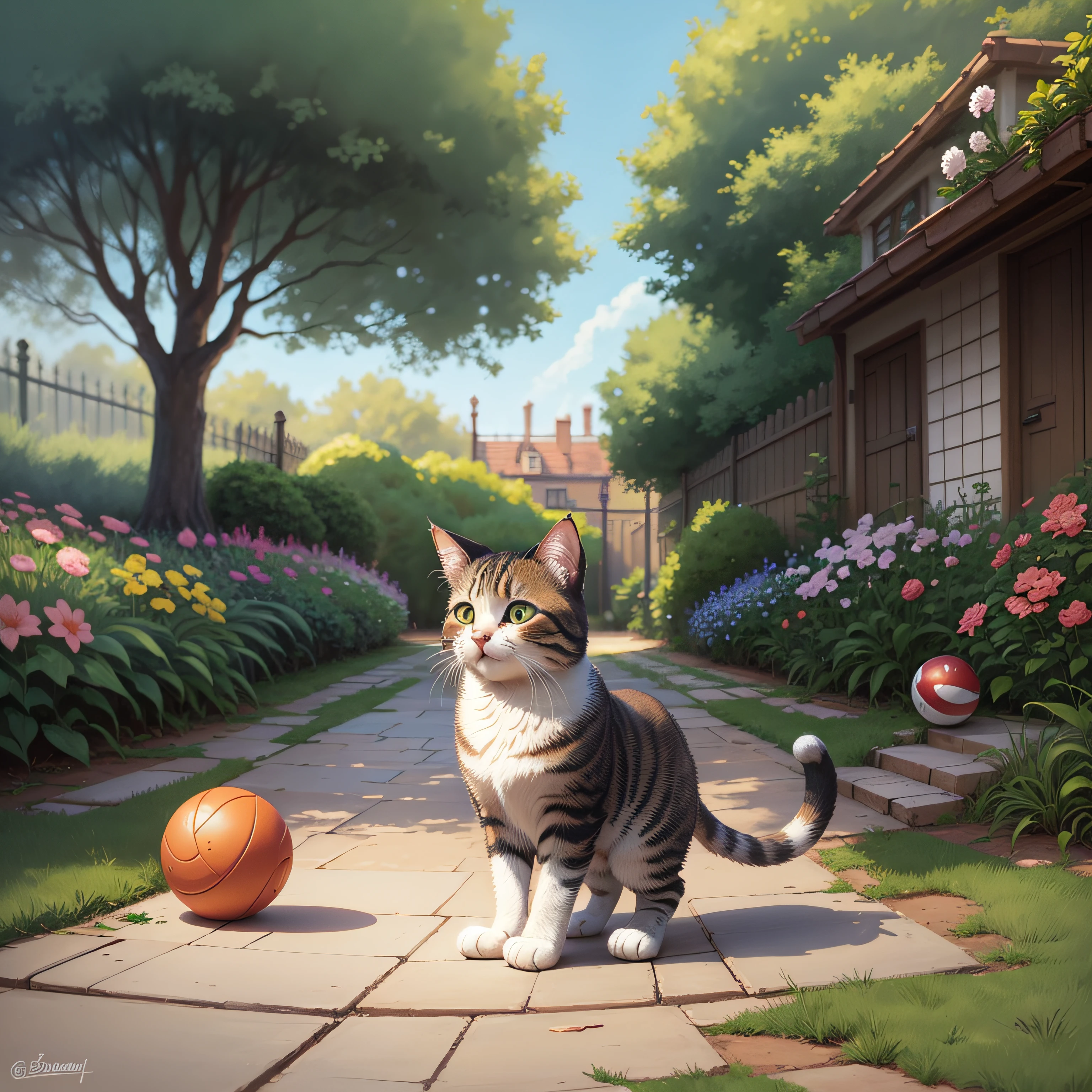 um gatinho, um coelho, uma coruja, um ratinho, uma fonte dos desejos em um parque com flores, fountain of water, Fundo do jardim real, scenery art detailed, pintura detalhada 4K, pintura digital altamente detalhada, pintura digital altamente detalhada, detailed scenery—width 672, pintura digital detalhada --auto