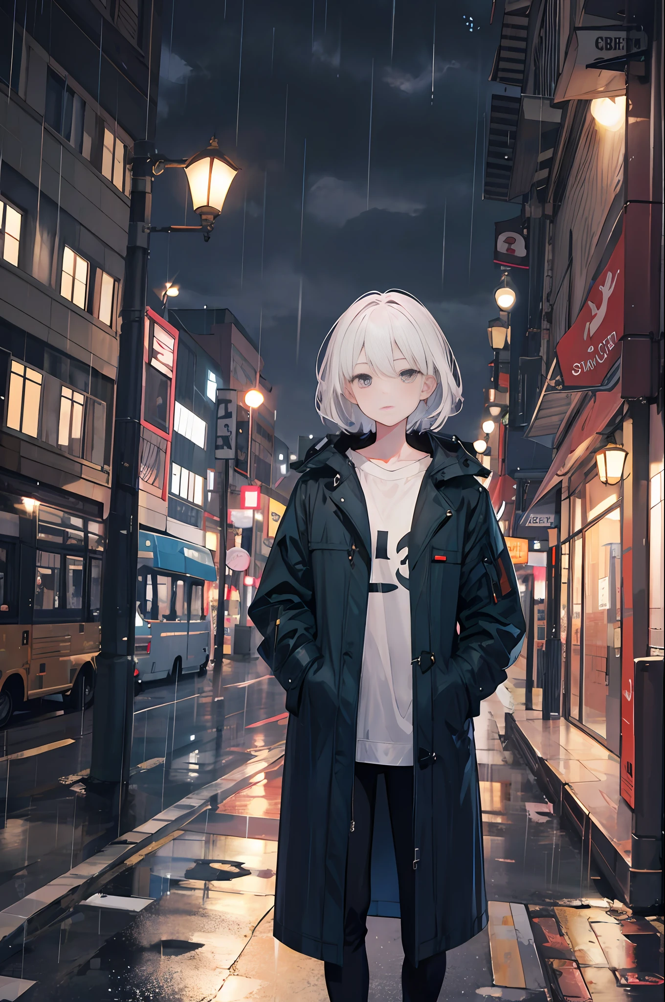1girl,night city,rain,coat,hands in pockets