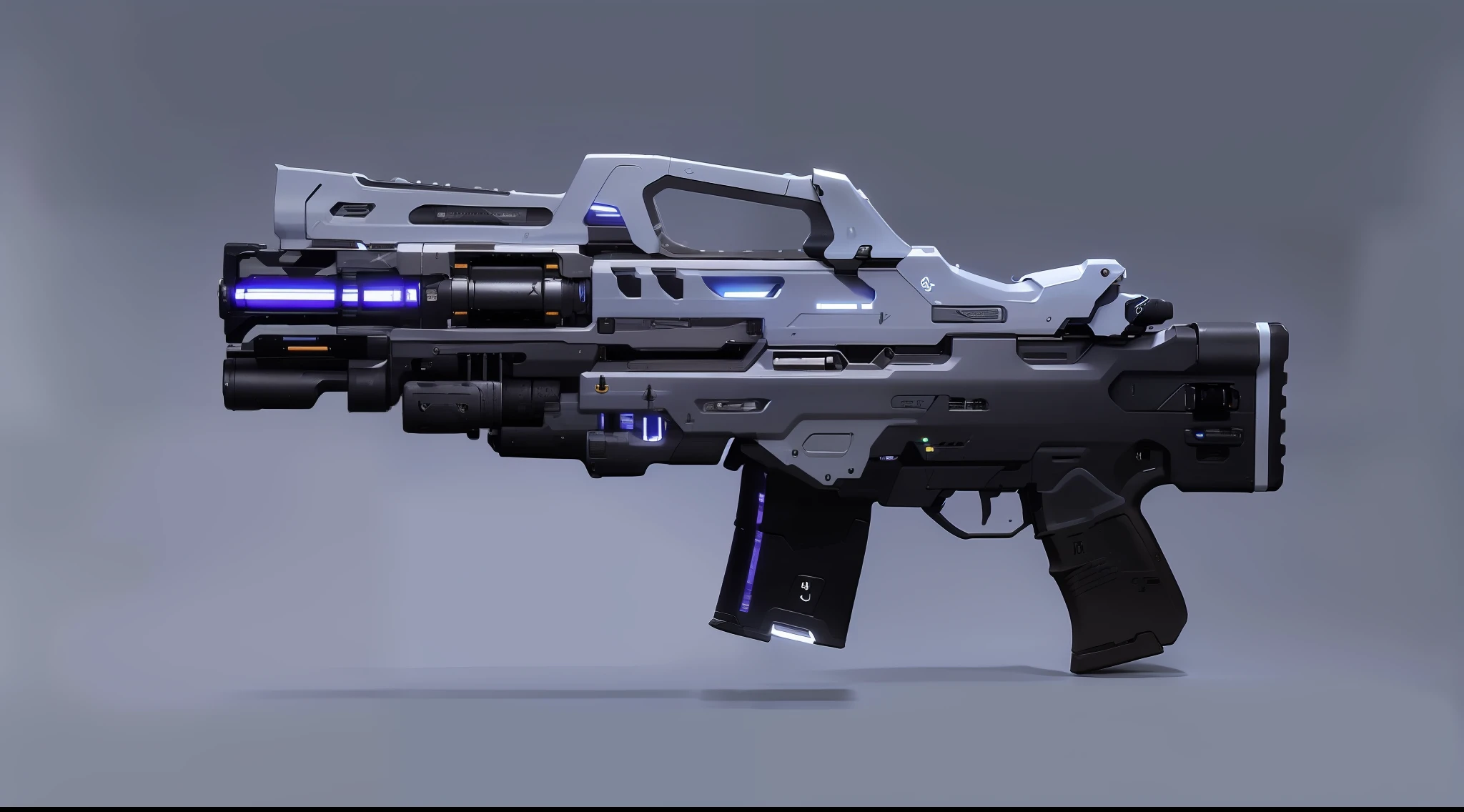 a gun,(masterpiece, top quality, best quality, official art, beautiful and aesthetic:1.2),(8k, best quality, masterpiece:1.2), CGgameguniconcsw, (no humans:1.5), weapon, grey background, simple background, weapon, vehicle focus, logo, radio antenna, Science fiction,Blue gradient