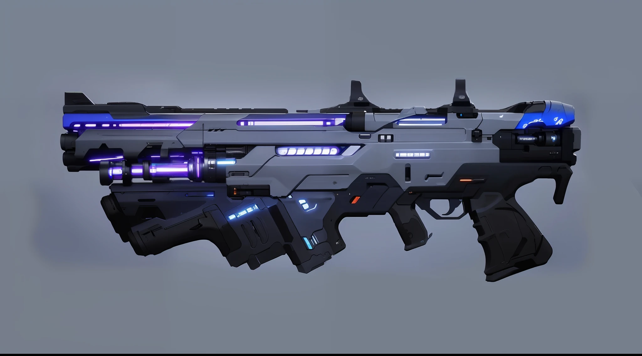 a gun，(masterpiece, top quality, best quality, official art, beautiful and aesthetic:1.2),(8k, best quality, masterpiece:1.2), CGgameguniconcsw, (no humans:1.5), weapon, grey background, simple background, weapon, vehicle focus, logo, radio antenna, Science fiction,Blue gradient