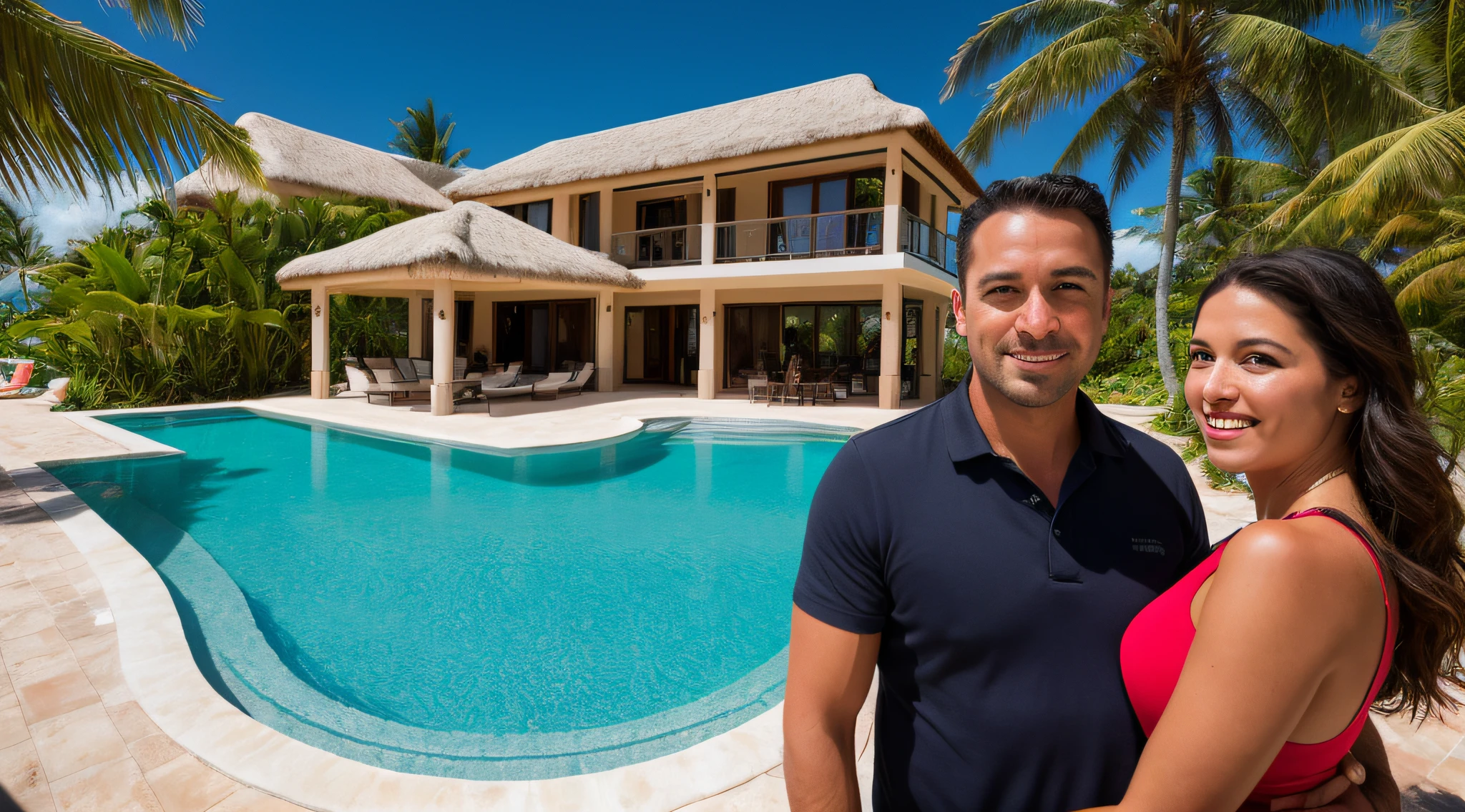 RAW photo, a portrait photo of 45 y.o billionaire man and gorgeous wife together celebrating, beach clothes, standing in a suit at his beach front ultra luxury minimal style villa wondering about life, natural skin, 8k uhd, high quality, film grain, Fujifilm XT3, full body and head straight in the photo, facing the viewer of the photo, eyes fixed to the lens, appears shoulders and head in the photo, man and woman centered in the photo, 8k, best quality, masterpiece, realistic, realistic photo, movie photo, ultra realistic, 2 person, detailed, perfect lighting, DSRL, professional photo, 4k, background full view of the ultra-luxury beach front Caribbean villa with inanity pool in the summer with his attractive wife in the poll relaxing with a cocktail, 16:9 aspect ratio