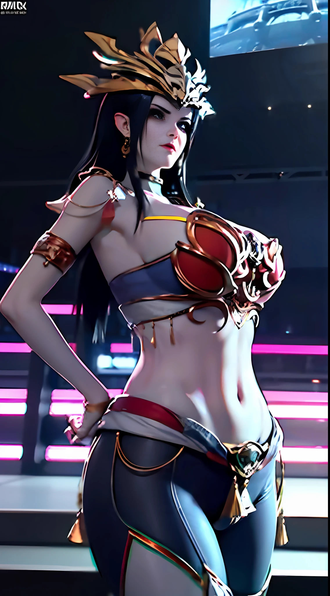 Unreal Engine 5, Realistic Rendering, Excellent, blue jacket, tank top, yoga pants, tight, milf, looking on viewer, 3dcg, cgi, 1girl standing on castle, beautiful face, makeup, (photorealism:1.2), photorealistic, ultrarealistic uhd face, (huge fake breasts:1.4), (gigantic breasts:1.1), (muscle abs), (wide hips), (thick thighs), slim waist, full figure, (big buttock), shiny skin, bokeh, masterpiece, highres, 1080P, UHD, ((she is perfect body)),