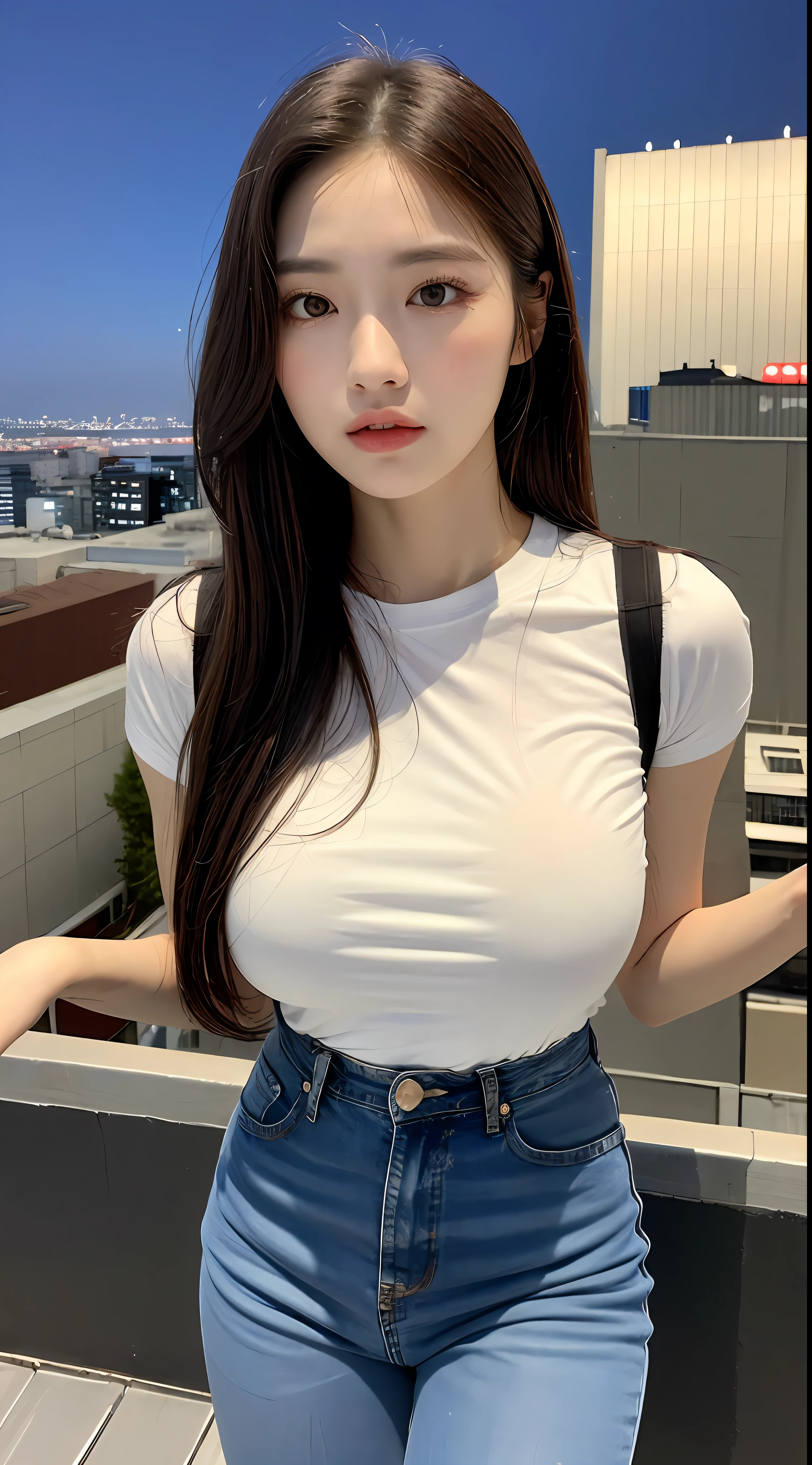 ((Midnight, Best quality, 8k, Masterpiece :1.3)), Whole body, Long legs, Sharp focus :1.2, A pretty woman with perfect figure :1.4, Slender abs :1.1, ((Dark brown hair,Gigantic breasts :1.2)), (White tight tshirt, Jean bib, Standing:1.2), ((Night city view, Rooftop:1.3)), Highly detailed face and skin texture, Detailed eyes, Double eyelid