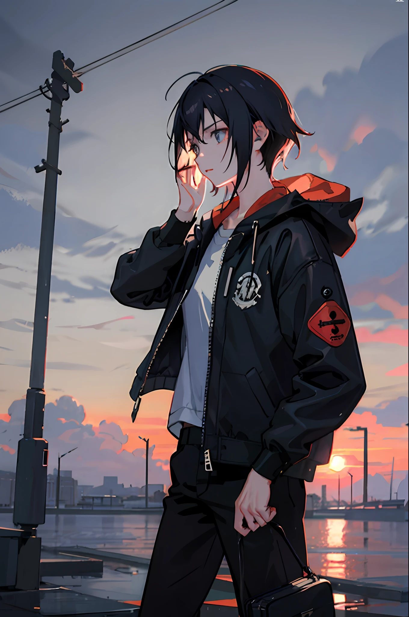 1girl in, jaket, Heavy rain, plein air, parka, Open jacket, chain, bacpack, Look at another one, hair messy, Trending on ArtStation, 8K分辨率, Highly detailed and anatomically correct, Sharp Images, digitial painting, concept-art, trending on pixiv, style of makoto shinkai,