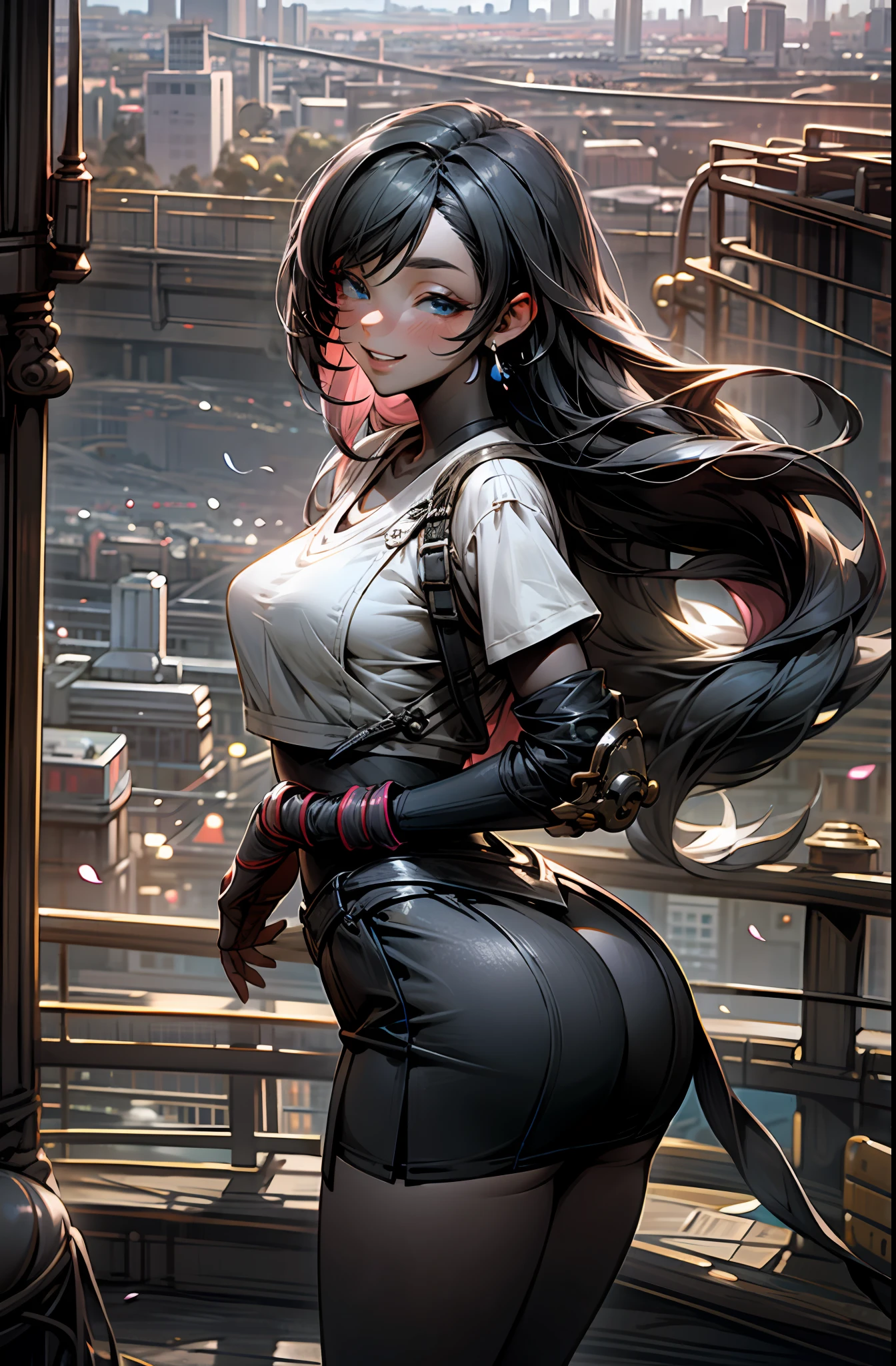 ff Tifa,Official fine art，​masterpiece，Sharp focus，（Beautiful gorgeous lovely Korean women：1.3），（beautiful lovely Korean people：1.3），Korean  beauty，Delicate and beautiful hair and eyes and face，realisticlying，ultra detali，a beautifulchi girl，blue-sky，Glowing white particles,(sidelighting:1.2),sun beam,baiyun,Detailed clouds,Slender,Cute big breasts and big buttocks,Toothy laughter,((Laugh and open your eyes)),scenecy,Long straight hair, sexy facial expression, architectural, (cityscape:1.7), Dynamic hair, Long straight hair, Delicate platinum-pink hair, glow blue eyes, (blue pleated shirt+whitish skirt), long white socks, paleskin, hair adornments, epic landscapes,