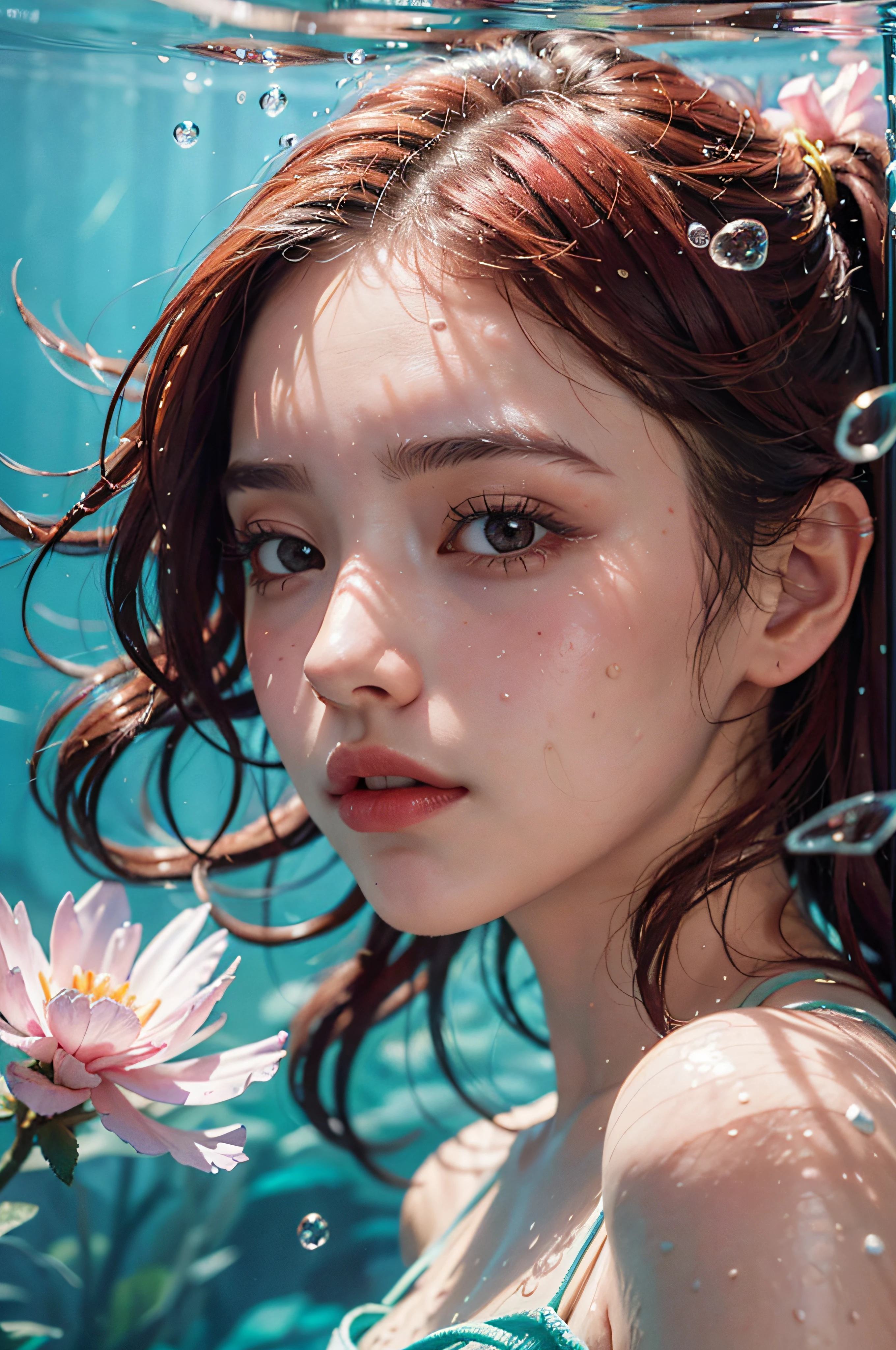 masterpiece, face portrait of 1girl, there is a woman with pink flowers floating in the water,swimming underwater, white top, bare shoulders, beautiful girl face,face turned left, half face, natural detailed hair movement underwater, air bubbles, vibrant, dramatic, sharp focus, 8k,red hair, dreamy illustration, closeup fantasy with water magic