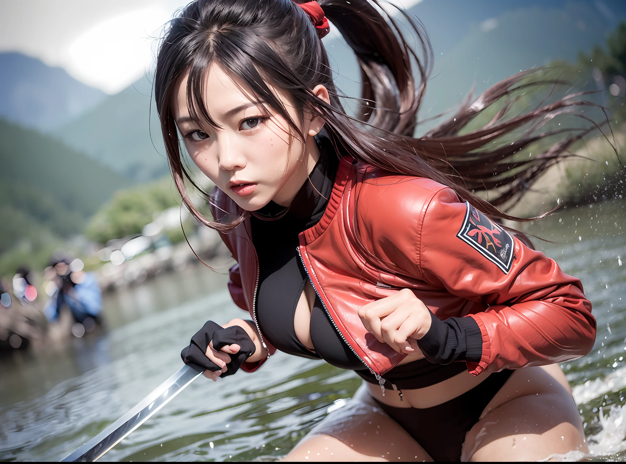 (Best quality, 8K, 32K, masutepiece, ep7:1.2), rival 2girls, longshot、fullllbody、Game screen、beautiy Japanese woman, narrowwaist, Kunoichi, Fight face to face, Open jacket, ninjas, random breast, Detailed face, Long ponytail,have ninja sword、intense action、River in the mountains、Heavy splashes