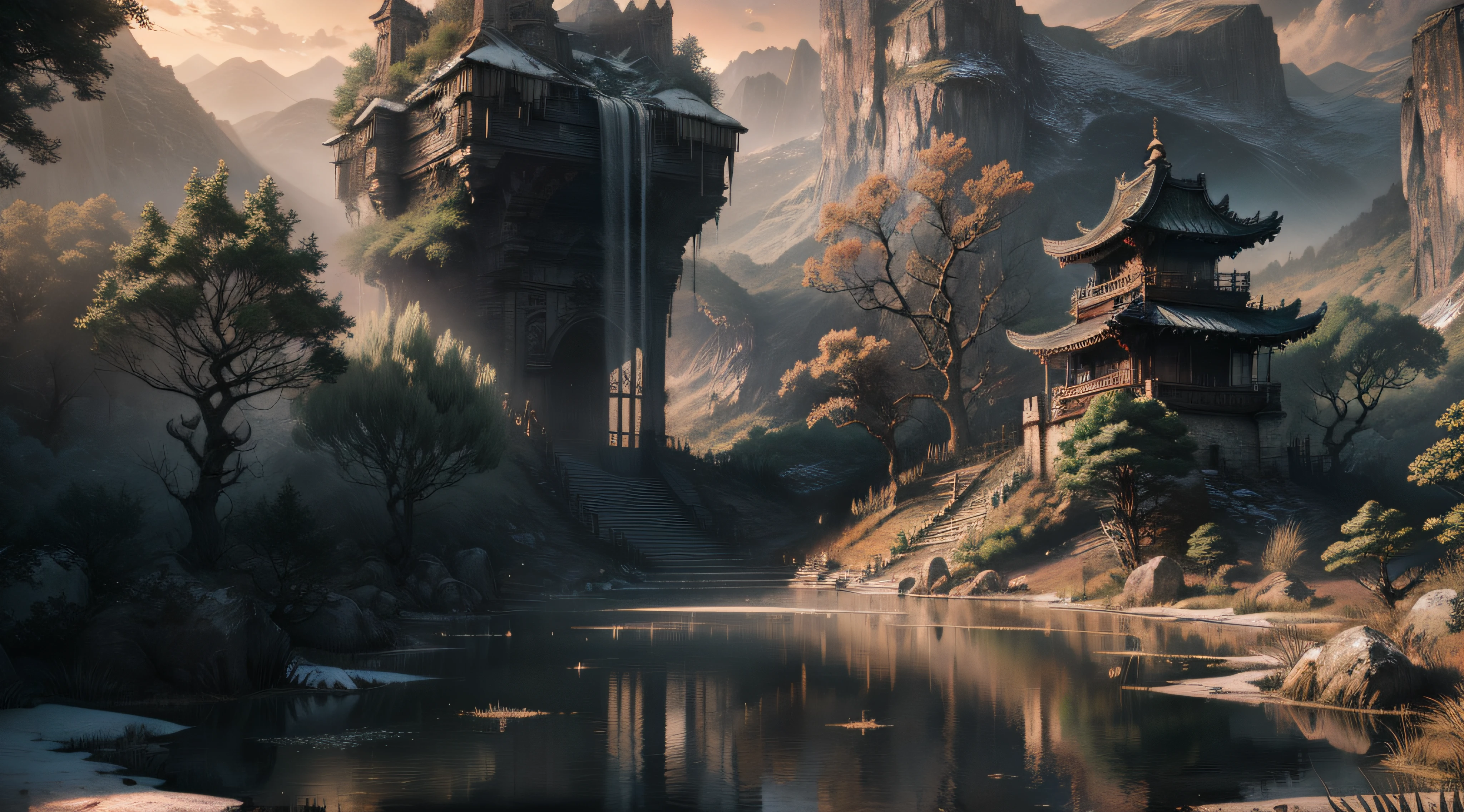 backround, CG, wuxiaworld, chinese old buliding, pond, waterfall come from the mountain top, panorama, ray tracing, reflection light, polar opposites, 8K, masterpiece, best quality, high quality, high details, super detail, highres, UHD