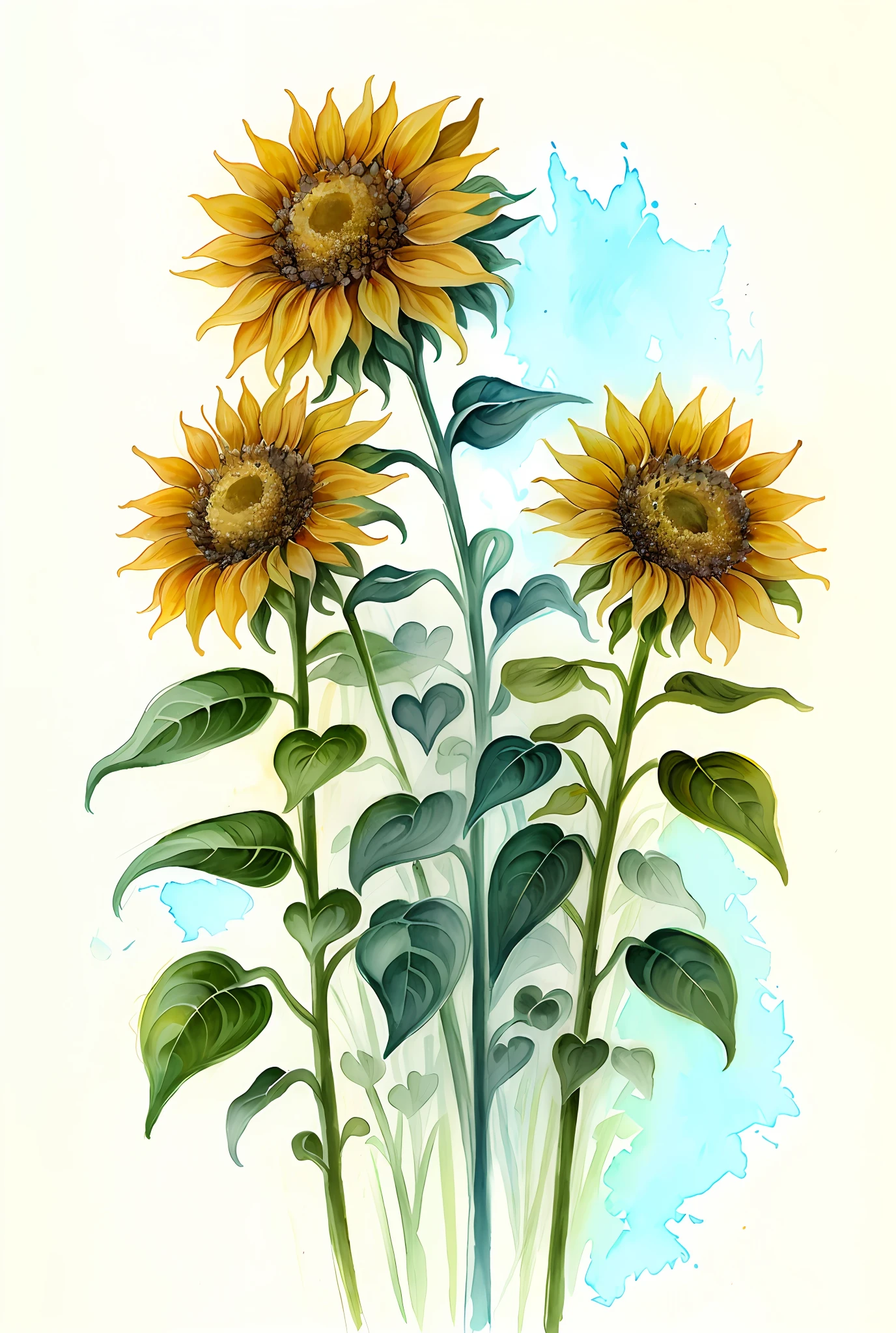 ( acuarela \(medio\), dibujo, hermosos girasoles.
