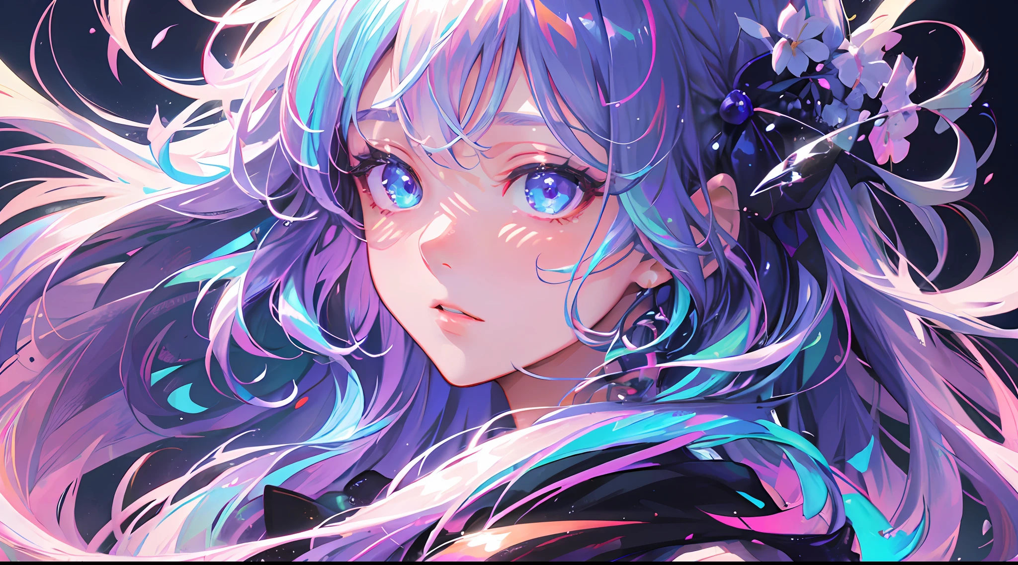 (masterpiece)、(beste-Qualit)、(ultra detali)、(dishevled hair)、(illustratio)、(1girl in)、(Fashionable clothes)、is standing、Fashion Model、Look back、(interview)、(Brief background)、Beautiful detailed eyes、Delicate beautiful face、Floating、(High color saturation)、(colorful splashing)、colorful bubble、(shine)、Focus on Face、Kana Arima、Crimson hair、Bangs、hair rings、Floating hair。The girls、Anime Waifu、Look far away、Very detailed and、Reflective transparent iridescent color、Long transparent iridescent RGB hair、Art Bee Scella Rule at Art Station、Thick Acrylic、pixiv illustration、waist up portrait、Gorgeous Holy Girl、beste-Qualit、ultra detali、Sad、wise、Beautifully face、Beautiful Ryton black background、Character stvle rendered by Octane、Background Simple、hugetits、poneyTail、Strongest Girls、World One、
