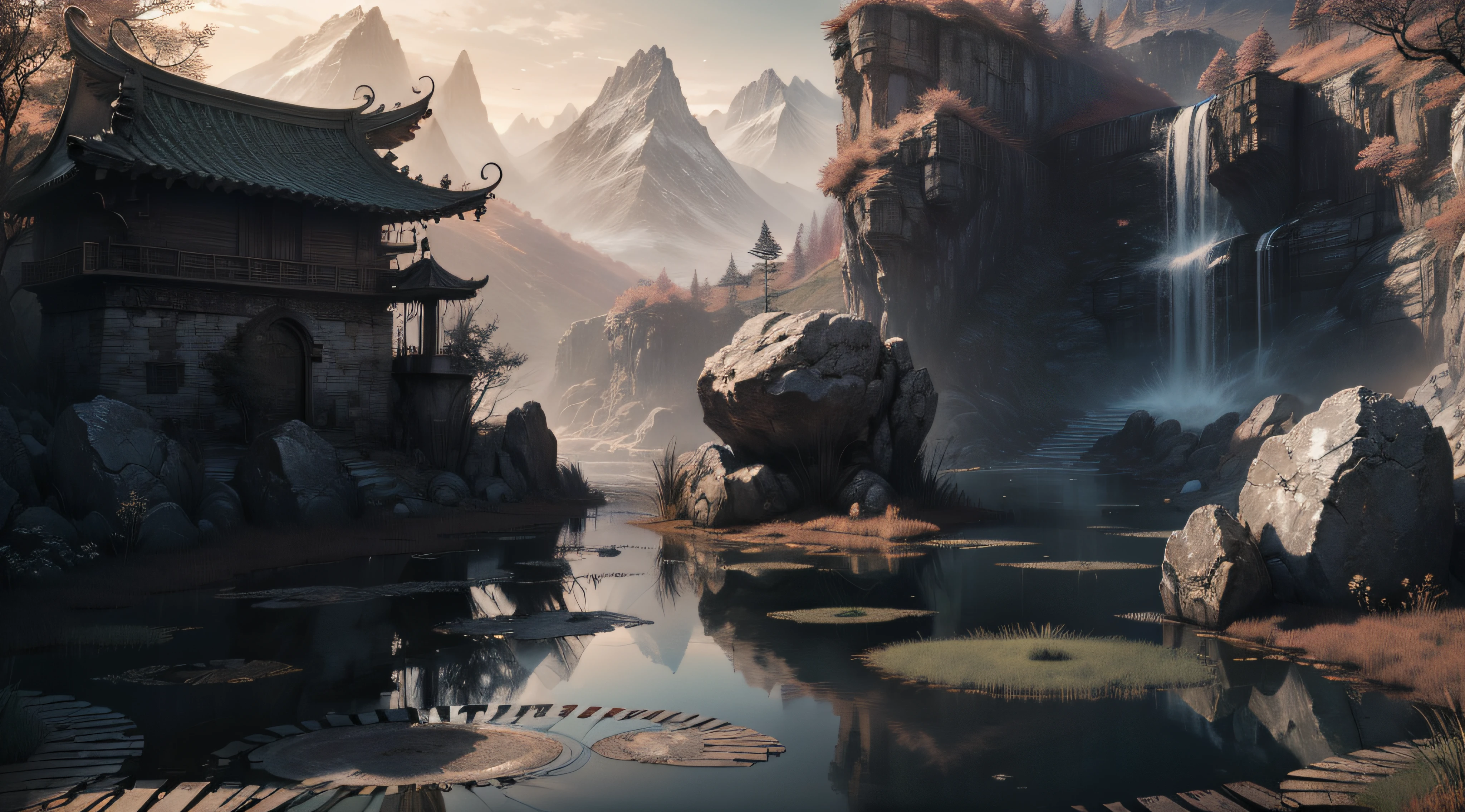 backround, CG, wuxiaworld, chinese old buliding, pond, waterfall come from the mountain top, panorama, ray tracing, reflection light, polar opposites, 8K, masterpiece, best quality, high quality, high details, super detail, highres, UHD