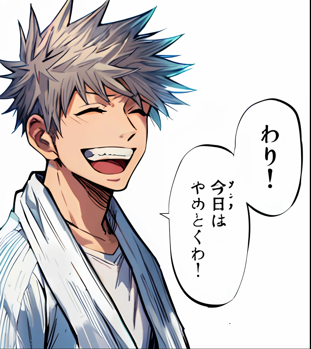 a anime of a man with a gray hair, from side view, side view, towel, white shirt, text bubble speech, teeth, closed eyes, color manga, manga color, color manga, color manga panel, simple background, a white background
