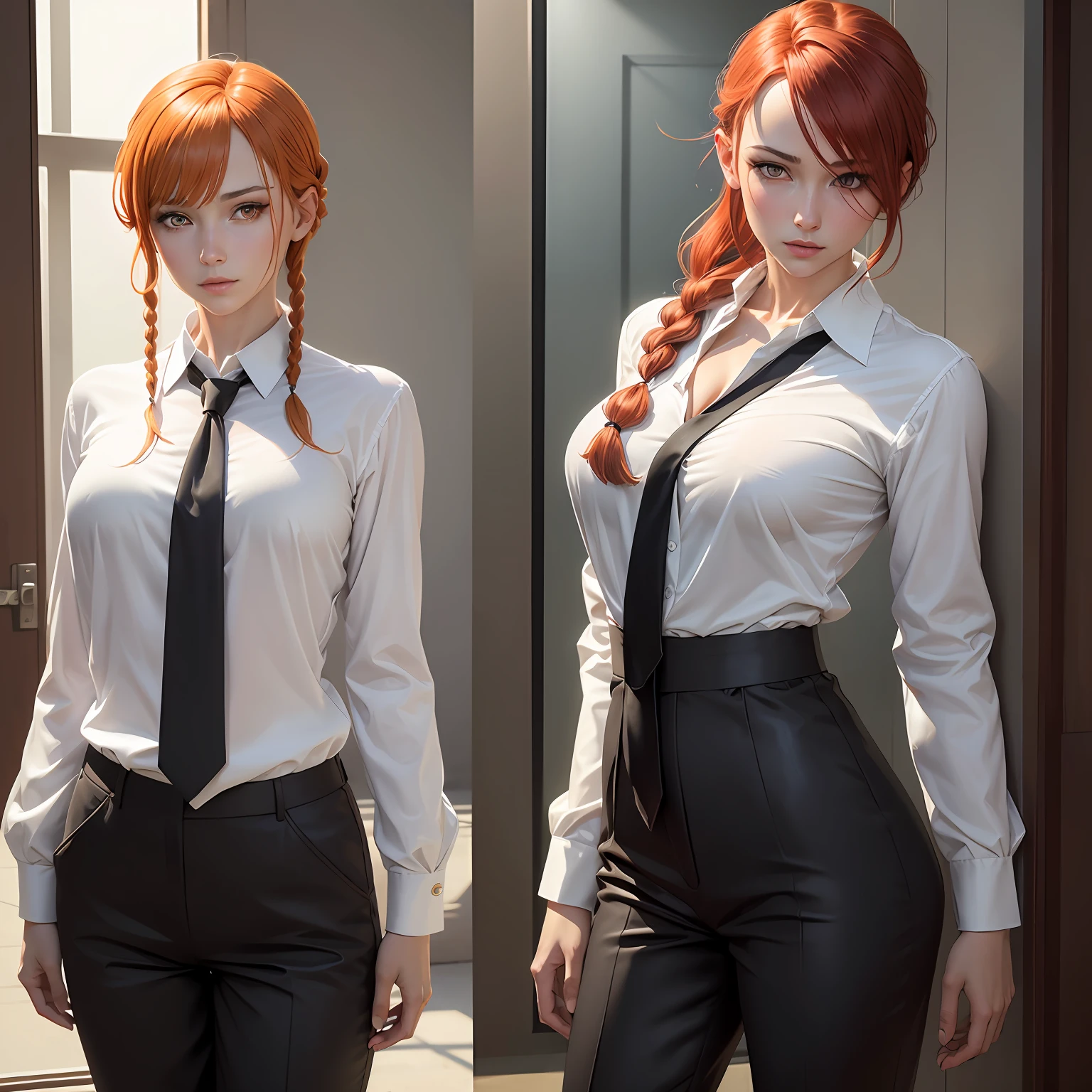 masterpiece, (photorealistic:1.4), best quality, beautiful lighting, makima \(chainsaw man\), (red hair)+(long braided hair)+(bangs), yellow eyes, golden eyes, (ringed eyes), (white shirt), (necktie), gigantic breasts, bottom heavy, wide hips, black pants --auto