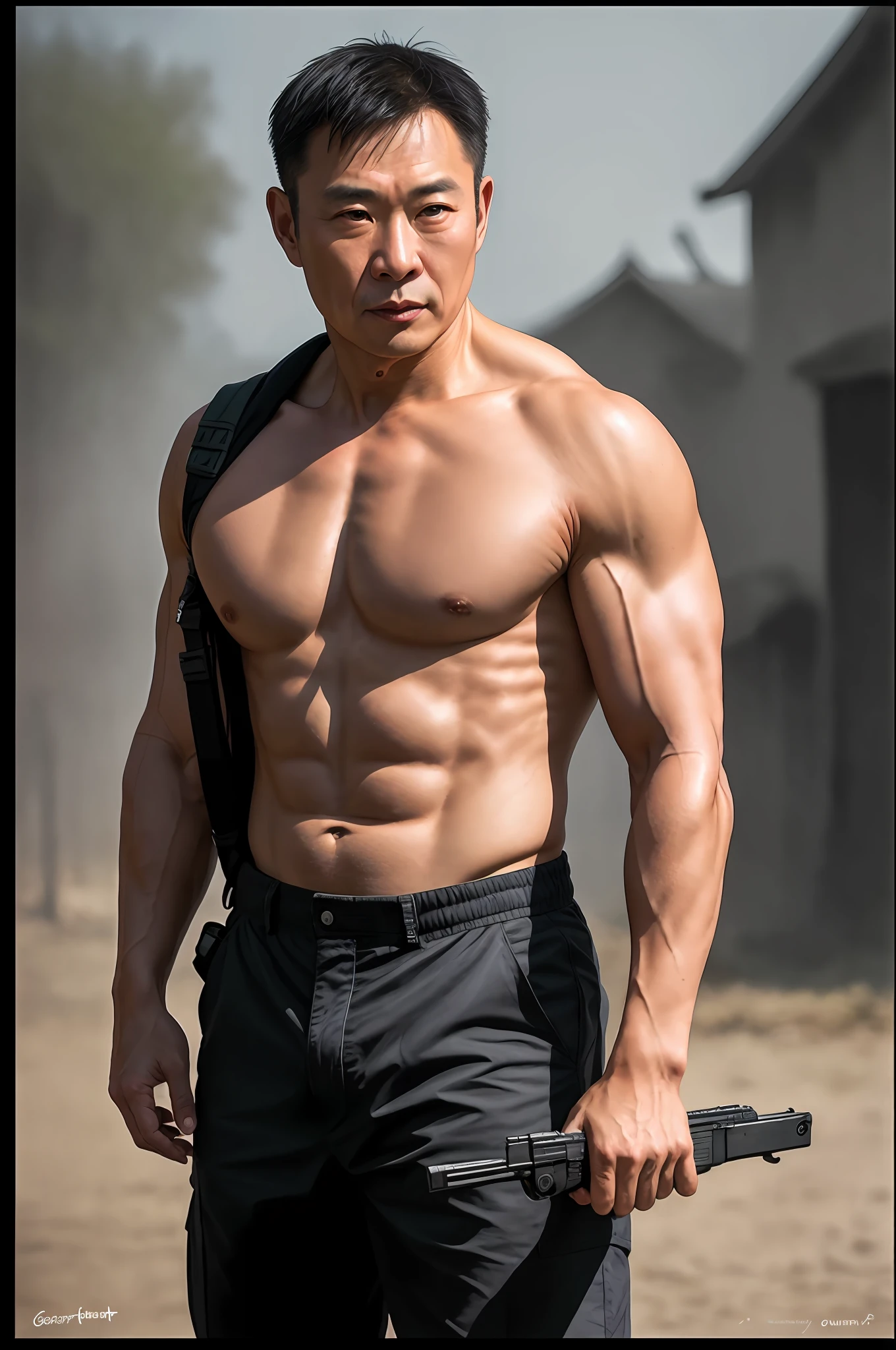 1人,A 50-year-old Chinese muscle man,Wearing a field military uniform and holding a firearm,Upper body,gentlesoftlighting,masterpiece,best quailty,8K UHD,digital DSLR camera,filmgrain,Midjourney and greg rutkowski's Fujifilm XT3 realistic painting art