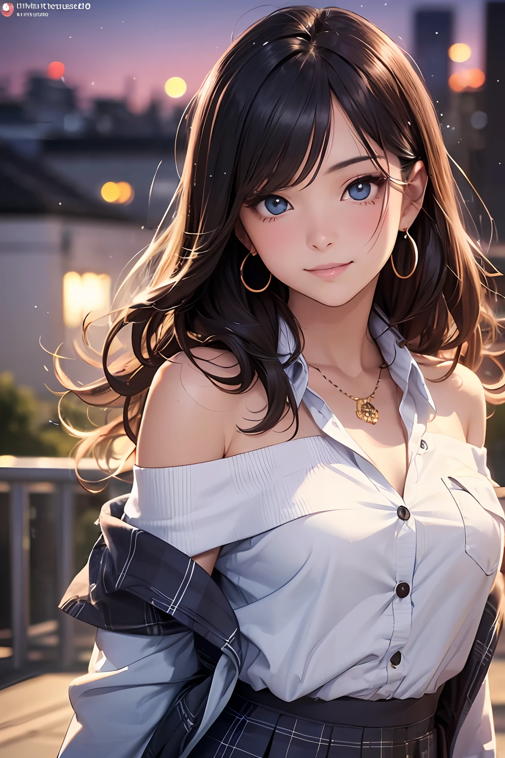 (masutepiece: 1.3), (max resolution: 1.2), (Ultra HDTV: 1.2), cinema lite, Ultra HDTV, (Detailed eyes and skin), (detailed facial features), ultgp, 8K resolution, Sharp Focus: 1.2, Perfect Style, Beautiful Face, accurate, Anatomically correct, Highly detailed face and skin texture, Detailed eyes, Dark-blue eyes, Double eyelids, Thin eyebrows, dropping eyes, (Glitter Eyeliner:1.2), Natural cheeks, Glossy skin, (Fair skin:1.2), shiny necklace and earrings, (Glossy lips: 1.4), break, absurderes, One-person viewpoint, (she is high school Student), (Wearing a Button up shirt, blazer, Pleated mini skirt), ((off-shoulder:1.3)), (shy smile:1.2), ((Innocent and very cute girl:1.3)), (Layered hairstyle, Wavy Hair), (Dark brown hair:1.2), Medium Long Hair, (Full body shot: 1.2), Focus on Face, medium large breasts, ((sexy pose on Instagram:1.2)), ((In the School Rooftop at night)),