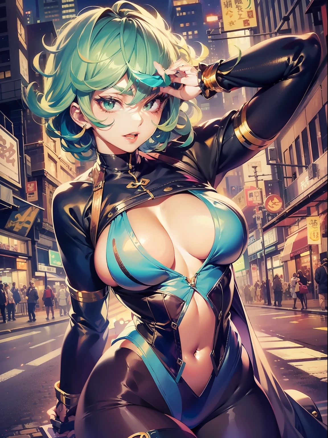 Bold and sharp portrait of Tatsumaki, vivid colors, busty, g cup, erotic pose, leg, white see-through leotard, medium tousled hair with a dramatic side sweep, Bright eyeliner and lipstick, city street at night,