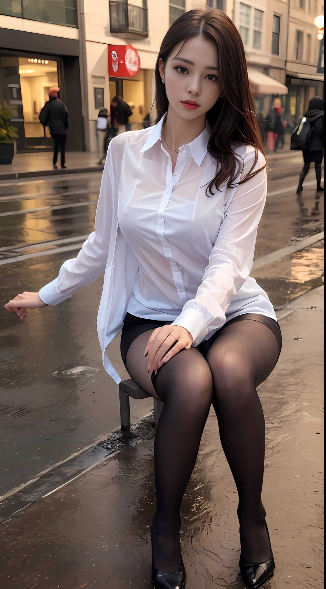 ((Realistic lighting, Best Quality, 8K, Masterpiece: 1.3)), Focus: 1.2, 1girl, Perfect Beauty: 1.4, Slim Abs: 1.1, (Big Breasts), (White Shirt: 1.4), (Outdoor, Night: 1.1), City Street, Super Fine Face, Fine Eyes, Double Eyelids, (Over the Knee Black Stockings: 1.5), (Wet in the Rain, Wet: 1.2)