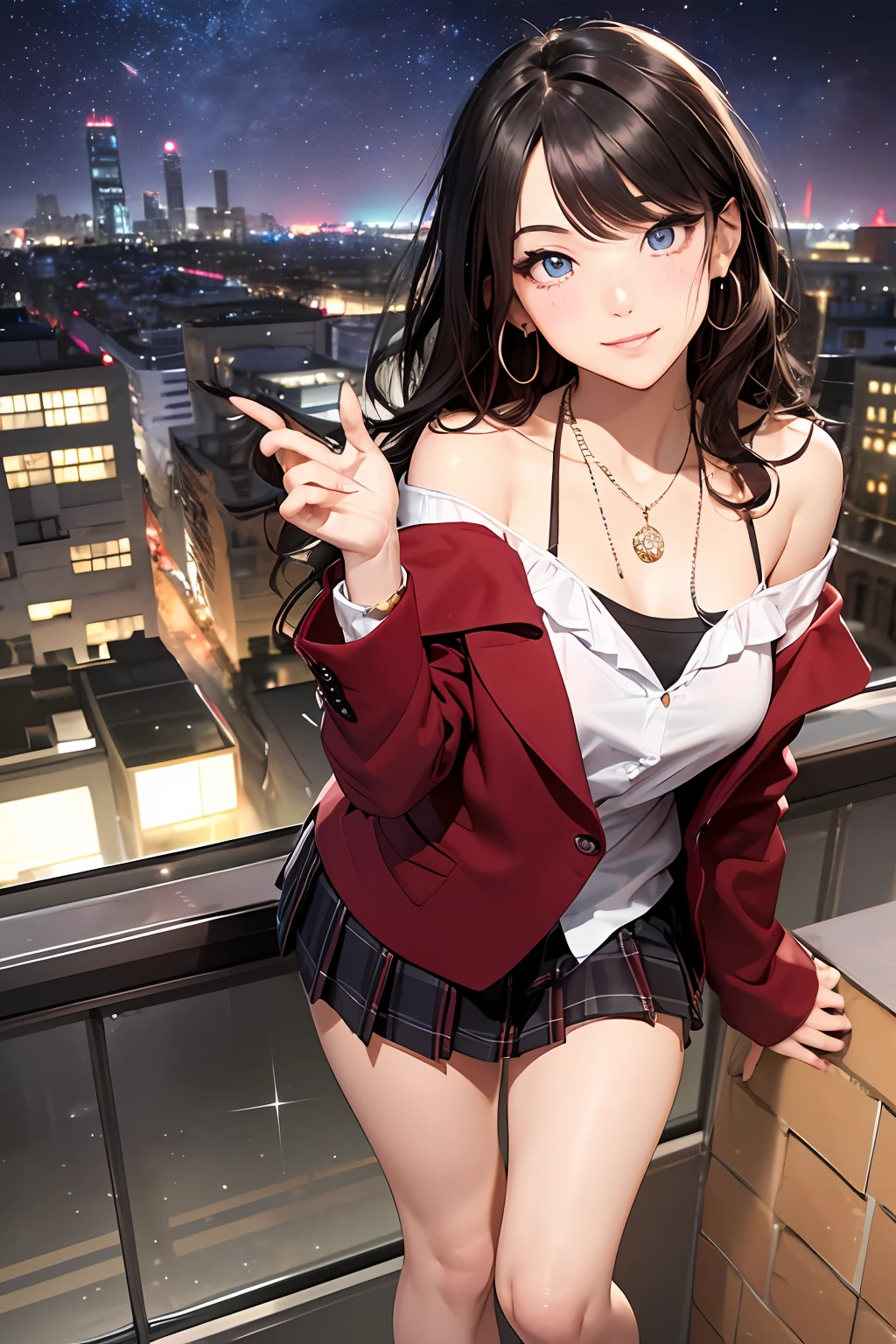 (masutepiece: 1.3), (max resolution: 1.2), (Ultra HDTV: 1.2), cinema lite, Ultra HDTV, (Detailed eyes and skin), (detailed facial features), ultgp, 8K resolution, Sharp Focus: 1.2, Perfect Style, Beautiful Face, accurate, Anatomically correct, Highly detailed face and skin texture, Detailed eyes, Dark-blue eyes, Double eyelids, Thin eyebrows, dropping eyes, (Glitter Eyeliner:1.2), Natural cheeks, Glossy skin, (Fair skin:1.2), shiny necklace and earrings, (Glossy lips: 1.4), break, absurderes, One-person viewpoint, (she is high school Student), (Wearing a Button up shirt, blazer, Pleated mini skirt), ((off-shoulder:1.3)), (shy smile:1.2), ((Innocent and very cute girl:1.3)), (Layered hairstyle, Wavy Hair), (Dark brown hair:1.2), Medium Long Hair, (Full body shot: 1.2), Focus on Face, medium large breasts, ((sexy pose on Instagram:1.2)), ((In the School Rooftop at night)),