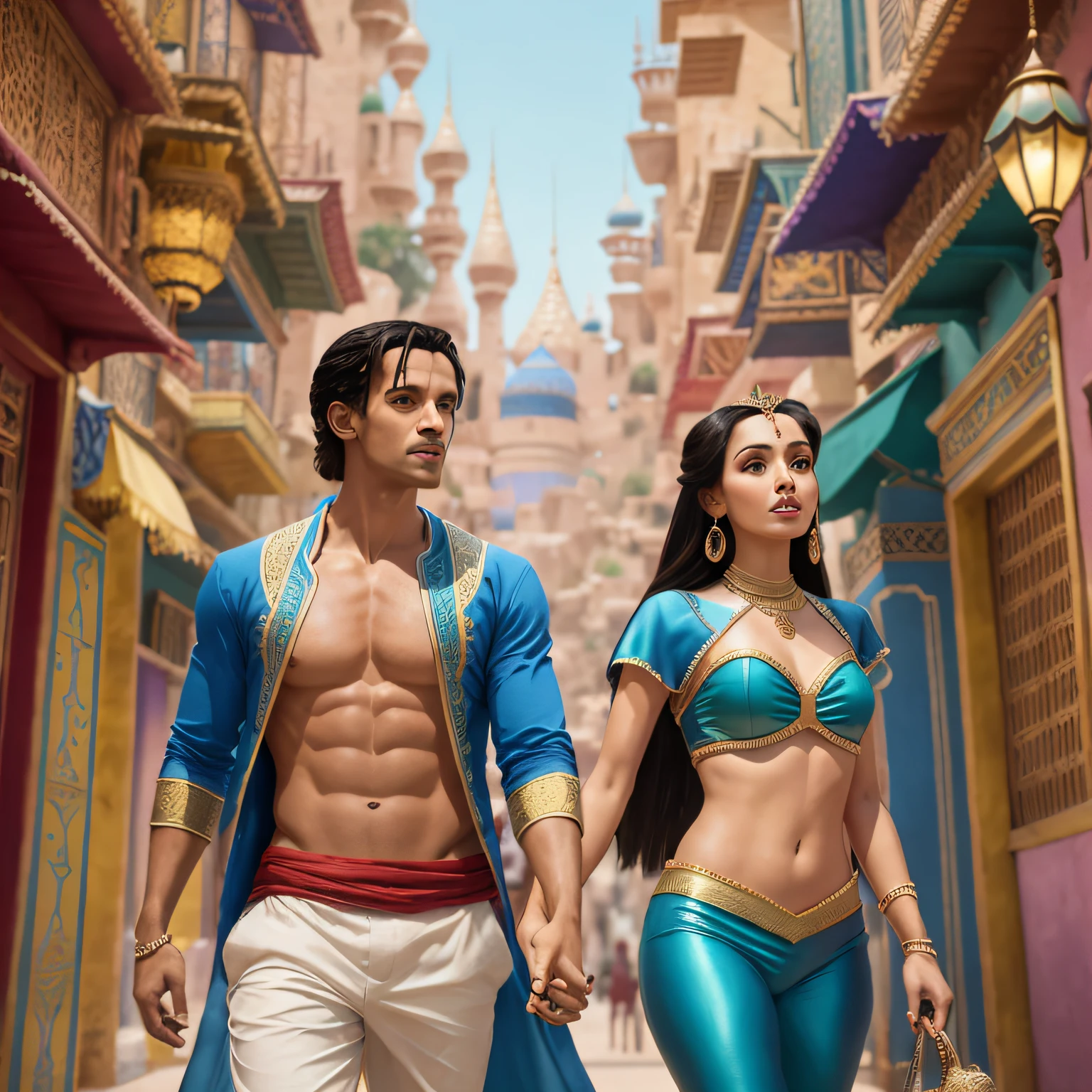 Uma imagem que retrata Aladdin e Jasmine como pessoas reais, passeando pelas ruas vibrantes de Agrabah. O pano de fundo apresenta mercados movimentados, colorful fabrics and intricately designed buildings. The image captures the sense of adventure and romance from Disney's beloved movie, "Aladdin".