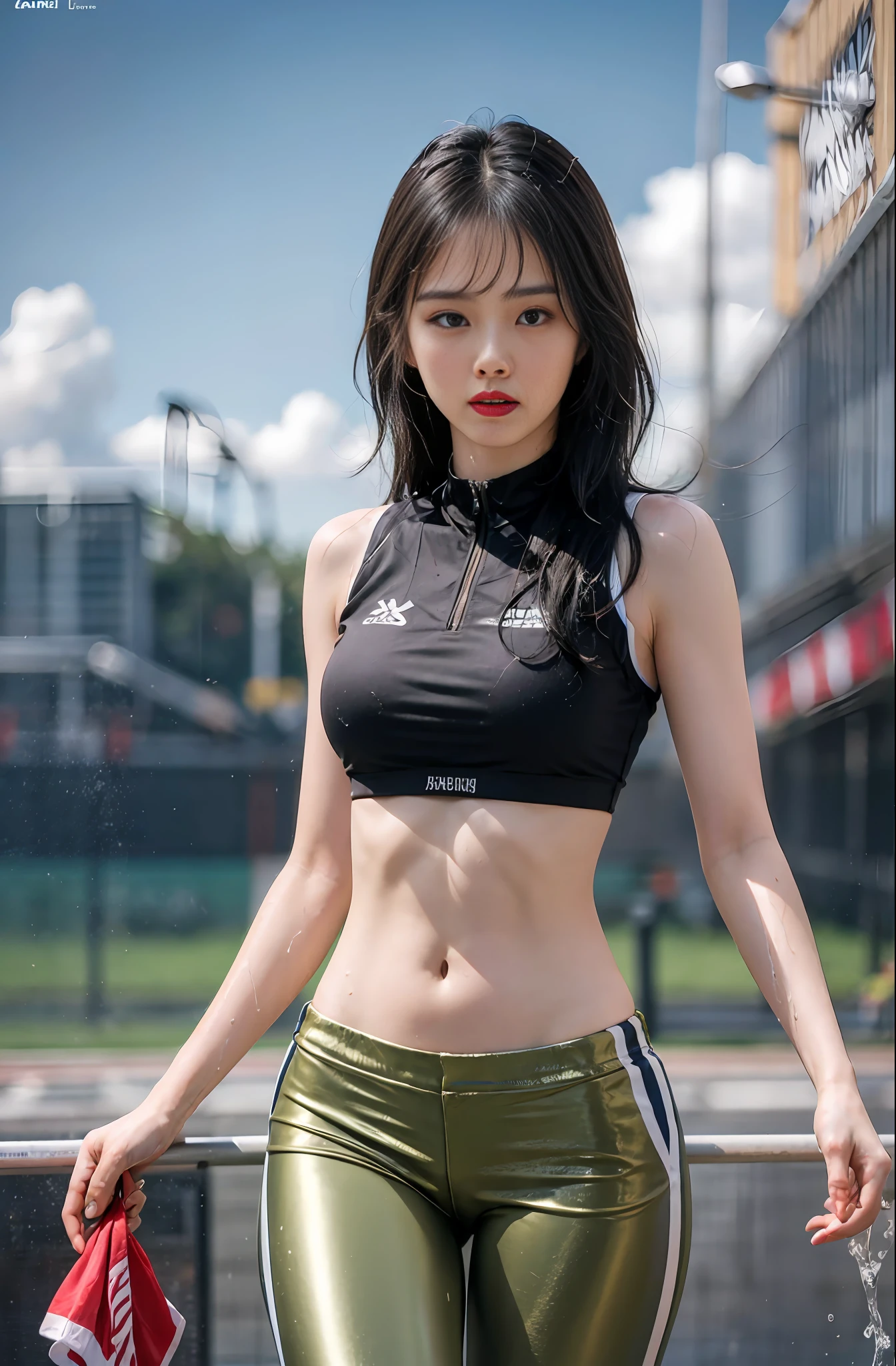 1人の女性,8K,RAW photos,(top Quority、masterpiece、complexdetails:1.4)、(realisticlying:1.3)、Chinese female track and field athletes、((Woman standing on the stadium runway:1.8))、(A beauty like a Chinese actress)、(((Thin track and field team vest))、Good abs,(Light track and field team vest)、(Rain soaks transparent skin vest), Rain wet sticky track and field team vest,Cropped pants,Colorful sweatpants,(Wet hair),(wet bangs),Wet skin,(Transparent prominence),19yearsold,(smaller face:1.5),(Nervous expression),Light makeup,tthin eyebrows,Detailed and beautiful face,Detailed eyes,(tear bag:1.5),detailed finger,Detailed legs,Detailed skins,mediuml breasts,lustrous Some hair,shiny shiny skin,Wet and dripping hair, Wet skin,Wet vest,(No bras),(no underwear on),sixpack abs,Crop topping