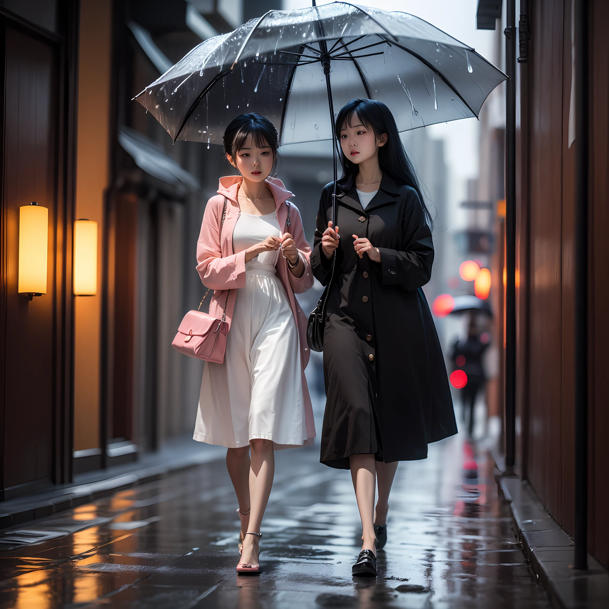 A young woman carries an umbrella，it rains，She walked in the middle of the alley，dressed stylishly，It was dark，Pure，Realiy，Rendering。