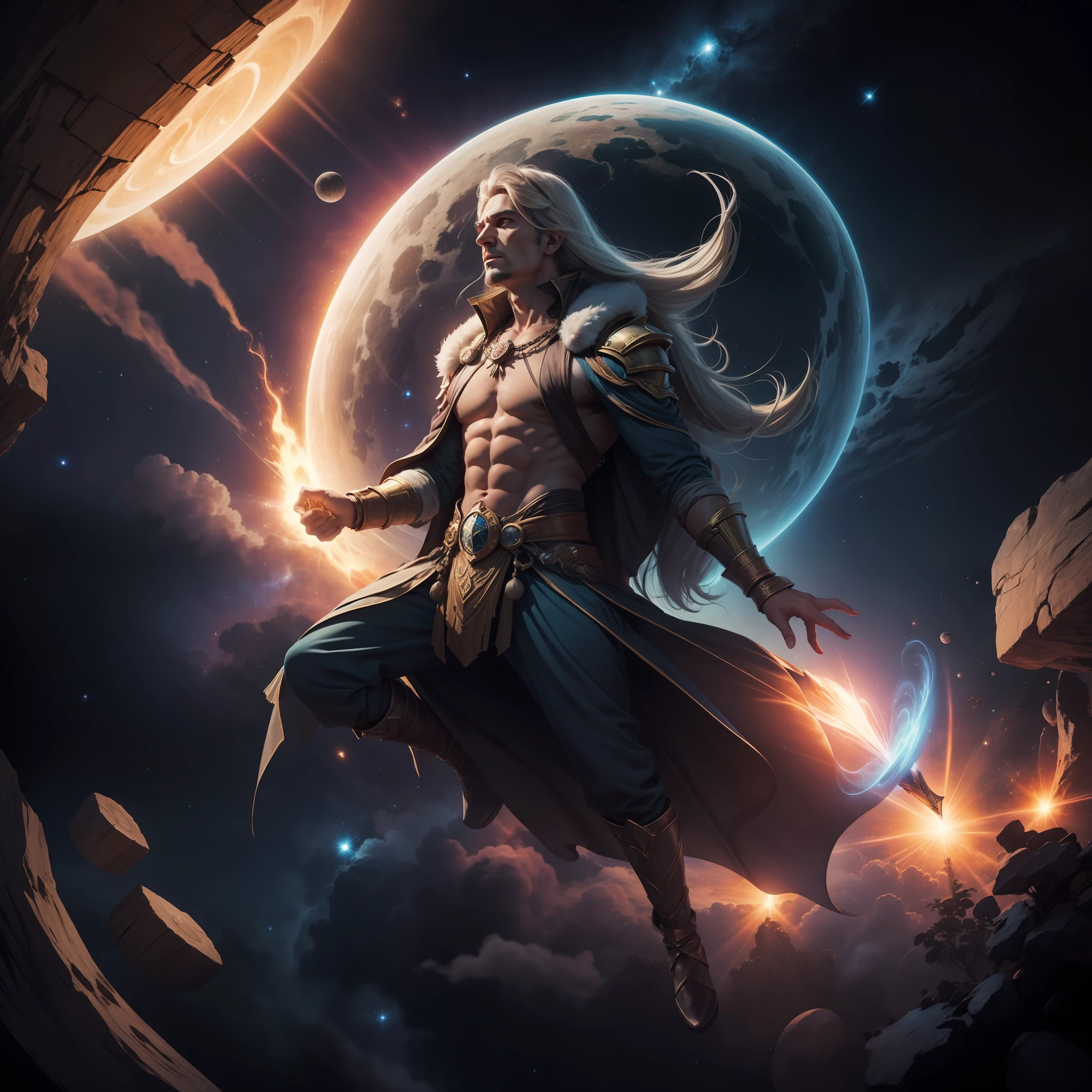 Um velho ser celestial masculino, known as the Elder of Time, in infinite space