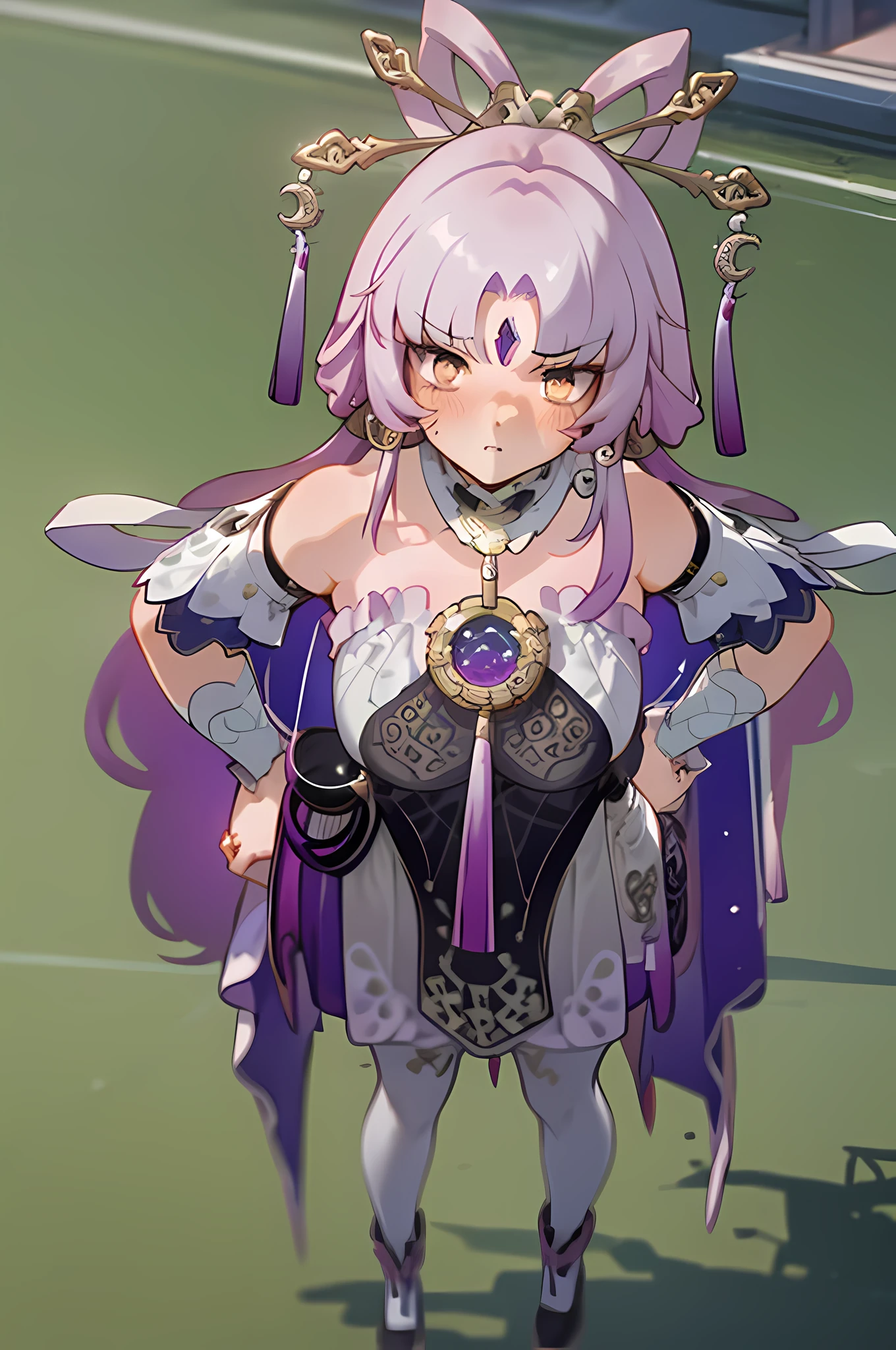 ((巨作,Best quality)), A high resolution, 1girl huge large breasts, Fuxuan, Hands on hips, Unhappy, Blush, Looking up, from from above,