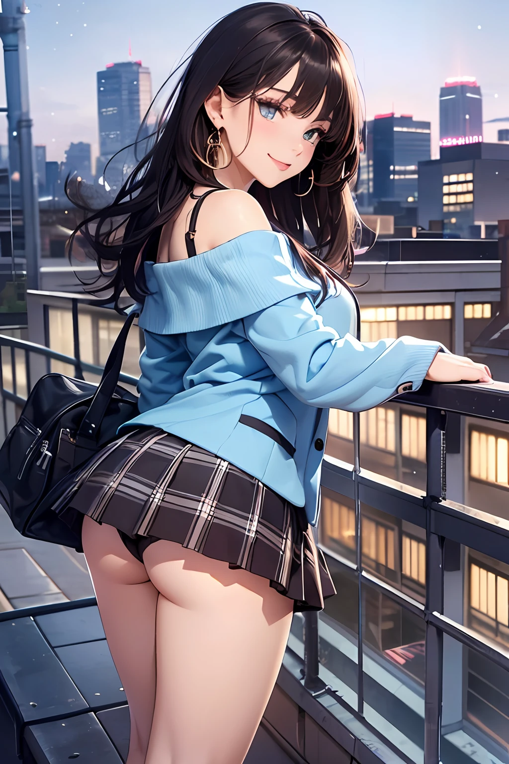 (masutepiece: 1.3), (max resolution: 1.2), (Ultra HDTV: 1.2), cinema lite, Ultra HDTV, (Detailed eyes and skin), (detailed facial features), ultgp, 8K resolution, Sharp Focus: 1.2, Perfect Style, Beautiful Face, accurate, Anatomically correct, Highly detailed face and skin texture, Detailed eyes, Dark-blue eyes, Double eyelids, Thin eyebrows, dropping eyes, (Glitter Eyeliner:1.2), Natural cheeks, Glossy skin, (Fair skin:1.2), shiny necklace and earrings, (Glossy lips: 1.4), break, absurderes, One-person viewpoint, (she is high school Student), (Wearing a Button up shirt, blazer, Pleated mini skirt), ((off-shoulder:1.3)), (shy smile:1.2), ((Innocent and very cute girl:1.3)), (Layered hairstyle, Wavy Hair), (Dark brown hair:1.2), Medium Long Hair, (Full body shot: 1.2), Focus on Face, medium large breasts, (looking back at viewer:1.2), ((sexy pose on Instagram:1.2)), ((In the School Rooftop at night:1.4)), (from behind:1.2)