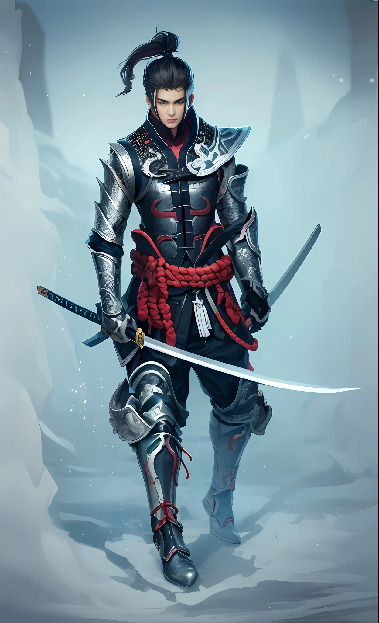 imagem arafed de um homem em armadura segurando uma espada, Arte conceitual de um guerreiro, inspirado em Fan Kuan, inspirado por Yi Jaegwan, Personagem de arte conceitual de RPG, arte conceitual detalhada de corpo inteiro, design de personagem guerreiro, inspired by Kanō Hōgai, inspirado em Ma Shi, male samurai, samurai cyberpunk, bela arte conceitual de corpo inteiro, Samurai ciborgue --auto