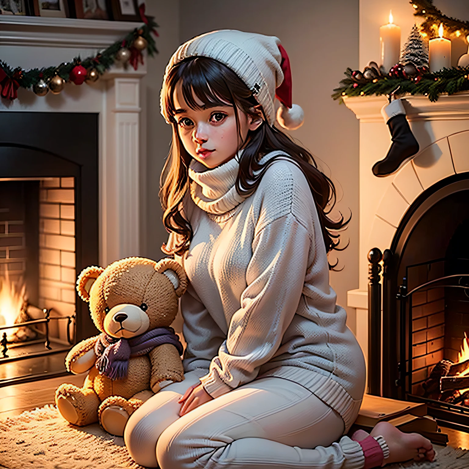 Uma imagem aconchegante de uma menina de 18 anos, with a lovely appearance, vestindo um pijama de estampa de flocos de neve. She's sitting in front of a fireplace, hugging a teddy bear with a knitting scarf. The environment is decorated with Christmas decorations and soft lights, conveying a sense of warmth and comfort.