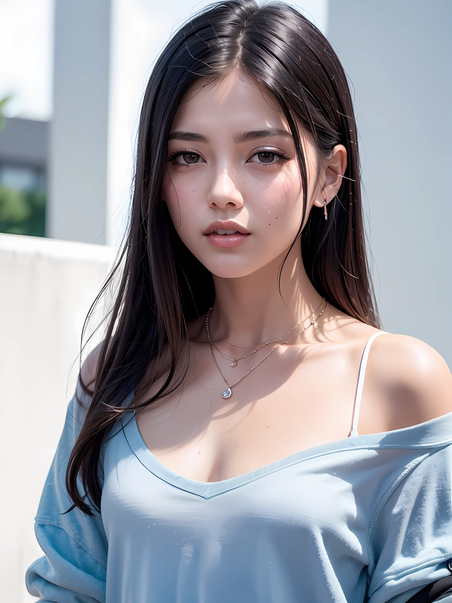 beste-Qualit、masterpiece、Hi-Res、1 female、a necklace、jewely、Beautifully face、Body Up、Tindall Effect、a photorealistic、Rim lighting、Two-tone lighting、(High Detail Skins:1.2)、8K UHD、DSLR、Soft lighting、hightquality、volume illumination、The photograph、A high resolution、4K、8K、Woman with dark hair、Adults、Small eyes、Perfect mouth、Highly detailed eyes and mouth、Black natural eyes、Pure black hair color、light snowing、Caucasian skin color、(Blue-black hair color)、Wearing jeans、white t-shirts、Jet-black shiny hair、