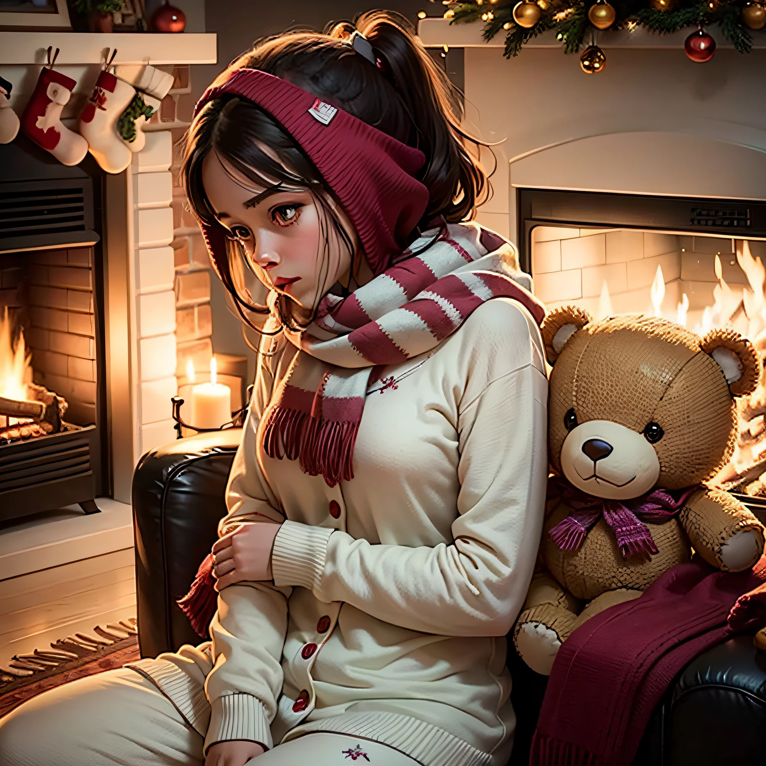 Uma imagem aconchegante de uma menina de 18 anos, with a lovely appearance, vestindo um pijama de estampa de flocos de neve. She's sitting in front of a fireplace, hugging a teddy bear with a knitting scarf. The environment is decorated with Christmas decorations and soft lights, conveying a sense of warmth and comfort.