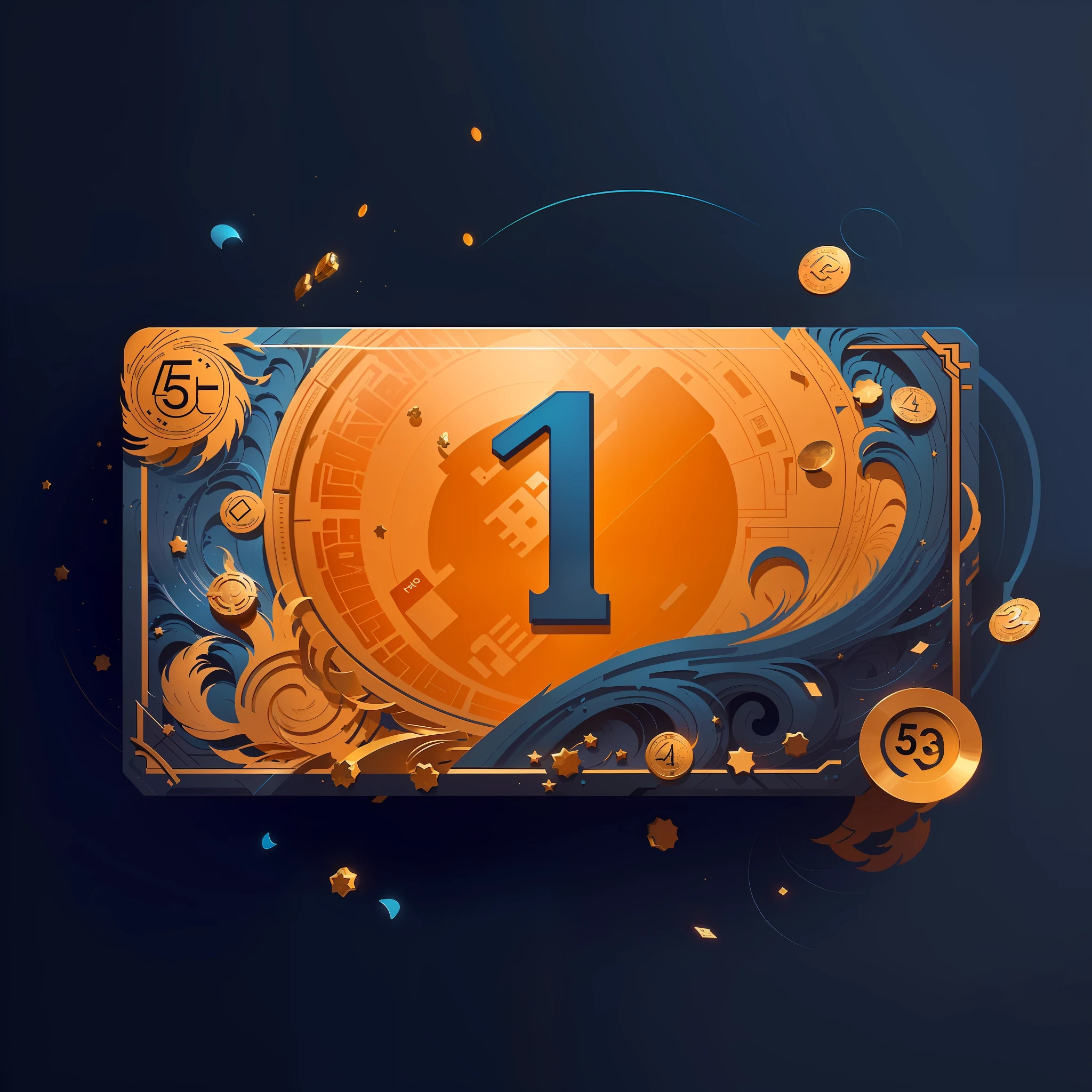 There is a picture of the number 5 on a blue background, 1 : 1 hyper illustration, A illustration, full card design, in style of digital illustration, front game card, concept illustration, behance contest winner, 2. 5 d illustration, dan mcpharlin : : opulent, award winning on behance, banknotes, trend on behance illustration