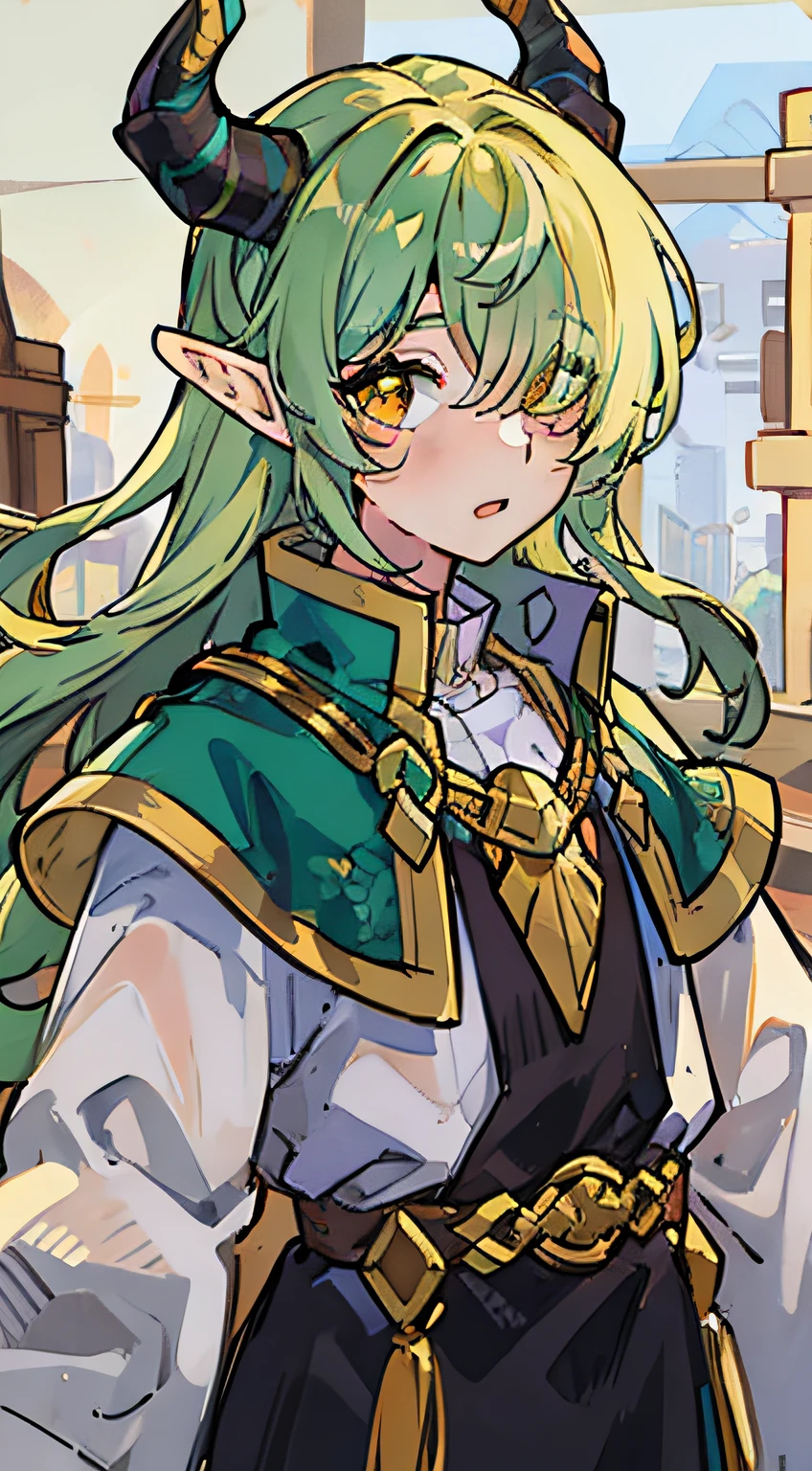 Green haired Kid, Dragon boy, Flowery Hair, Wizard Clothes, Tan Skin, Elf ears, Horns, Heterocromy, Golden Shining eyes., male, Scaly skin, Hair over one eye