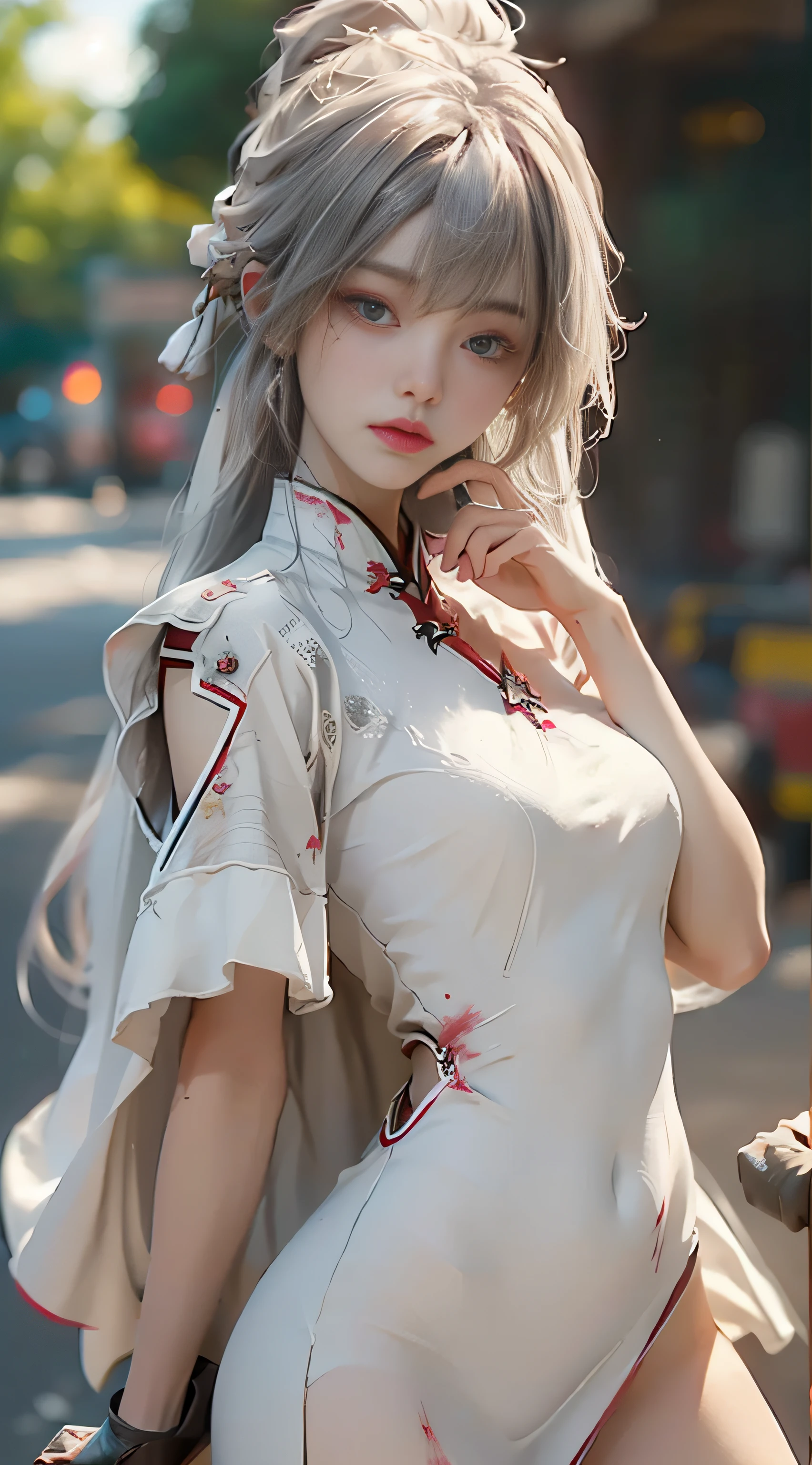 ((best quailty)), ((​masterpiece)), (the detail:1.4), 3D, Female figure,hdr（HighDynamicRange）,War-damaged maiden，Blood stains on the face，Blood stains on the face，Broken clothes，White cheongsam，Shawl，Broken clothes，hair messy，Arm injury，Long sword in hand，The expression is fierce，Green eyes，Ray traching,NVIDIA RTX,Hyper-Resolution,Unreal 5,Subsurface scattering、PBR Texture、post-processed、Anisotropy Filtering、depth of fields、maximum definition and sharpness、multi-layer texture、Albedo e mapas Speculares、Surface coloring、Accurate simulation of light-material interactions、perfectly proportioned、rendering by octane、Two-colored light、largeaperture、Low ISO、White balance、thirds rule、8K raw data、