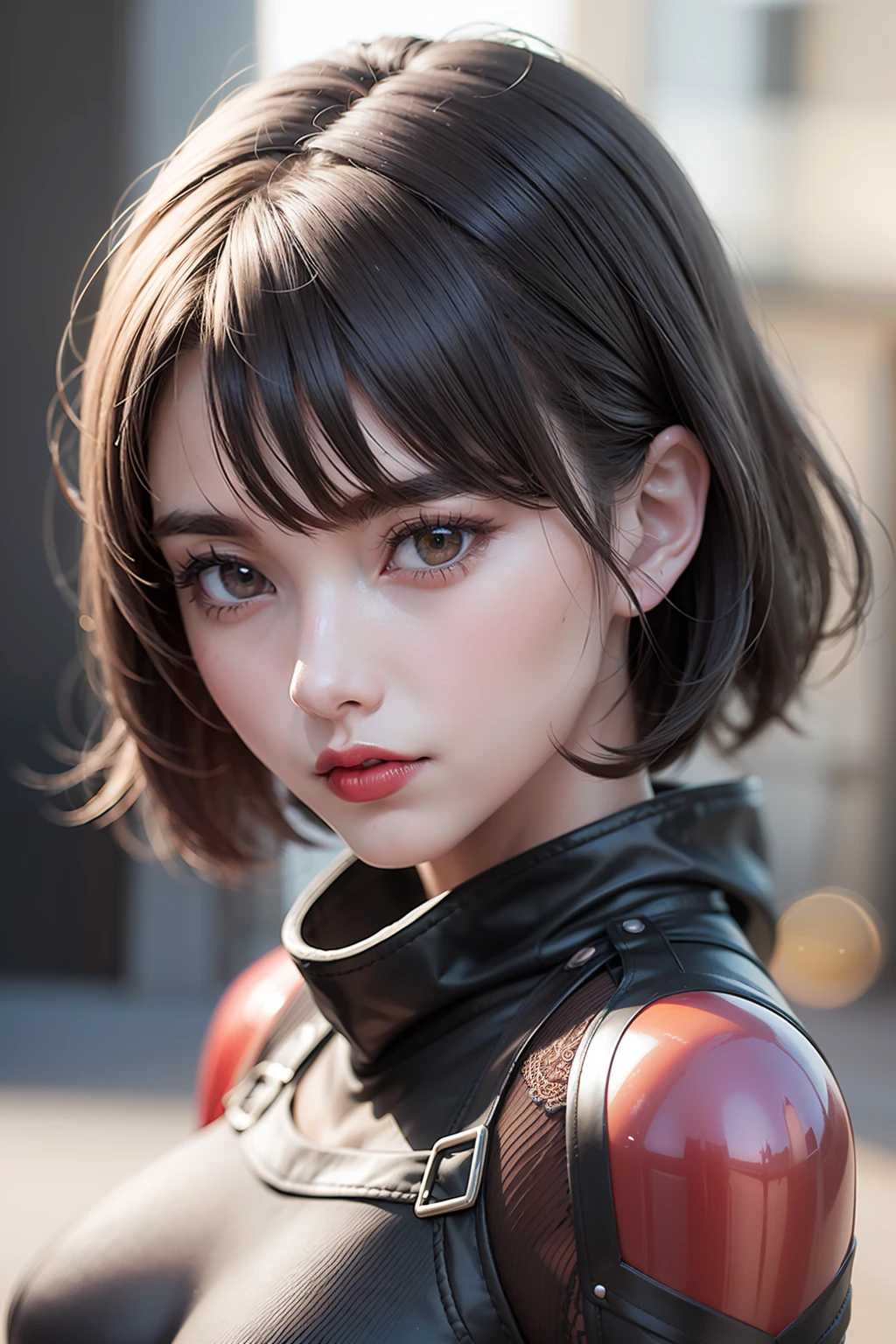 Beauty anime girl /// (Character) wearing detailed combat body suit with scarf, upperbody shots, detailed skin, face sharp focus, detailed eyes and pupils (and red lips), detailed bob cut hair, intricate details and sharp, masterpiece, global illumination, real shadow, bokeh, best quality, photorealistic, realistic, 8k, 3d