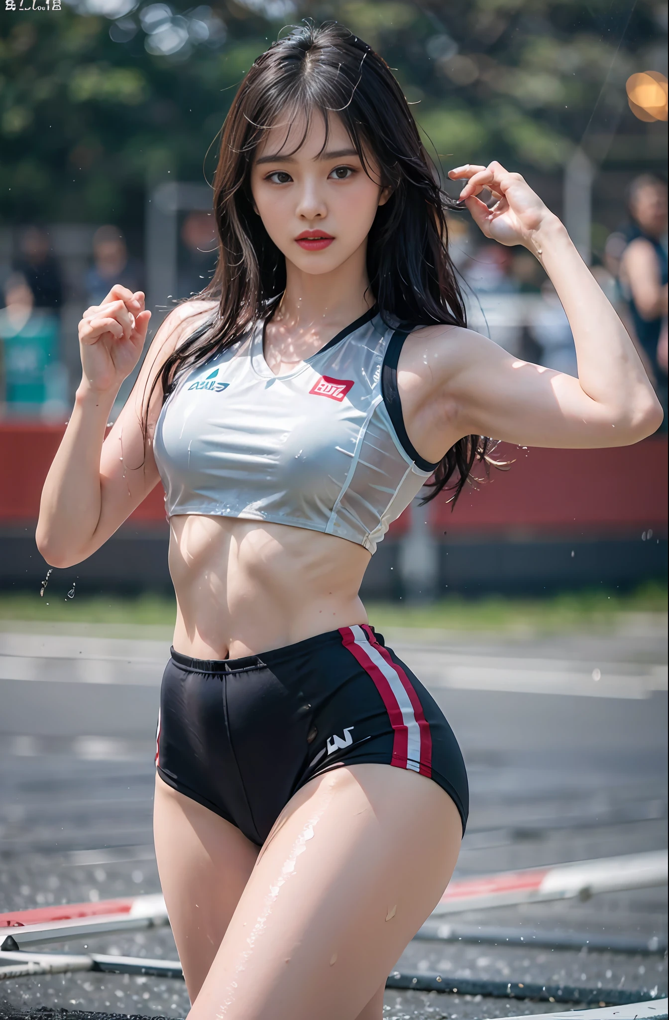 1人の女性，8K，RAW photos，Full body photo，In a run，（top Quority、​masterpiece、complexdetails：1.4）、（realisticlying：1.3）、Chinese female track and field athletes、（（Woman standing on the stadium runway：1.8））、（A beauty like a Chinese actress）、（（（Thin track and field team vest））、Good abs，（Light track and field team vest）、（Rain soaks transparent skin vest）， Rain wet sticky track and field team vest，Cropped pants，Colorful sweatpants，（Wet hair），（wet bangs），Wet skin，（Transparent prominence），19yearsold，（smaller face：1.5），（Nervous expression），Light makeup，tthin eyebrows，Detailed and beautiful face，Detailed eyes，（tear bag：1.5），detailed finger，Detailed legs，Detailed skins，mediuml breasts，lustrous Some hair，shiny shiny skin，Wet and dripping hair， Wet skin，Wet vest，（No bras），（no underwear on），sixpack abs，Crop topping