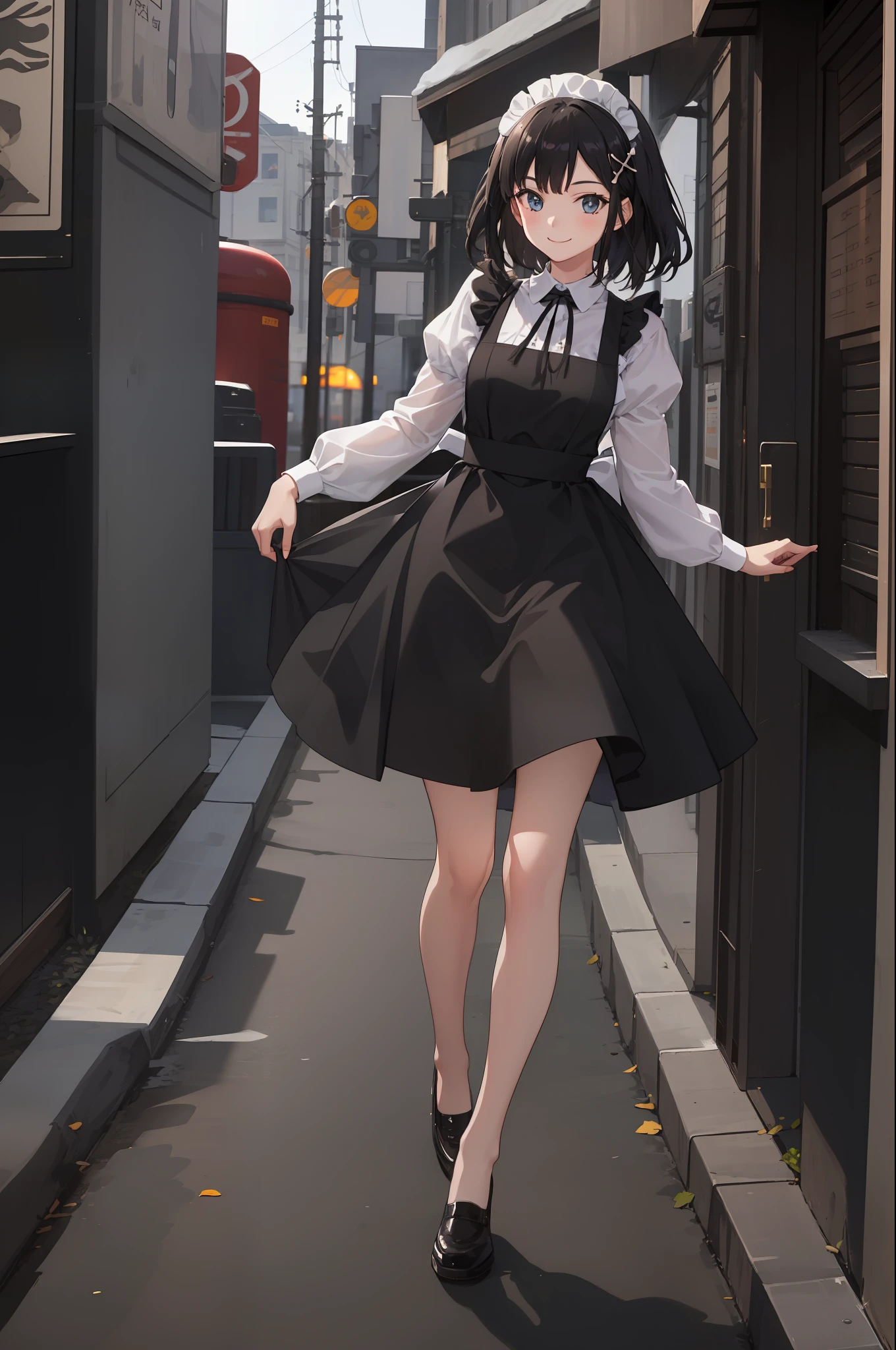 1 girl, smiling, skirt, (small) chillerism, dress, apron,,,,,,、 maid,,,,,,,,、 hair ornament, running briskly,