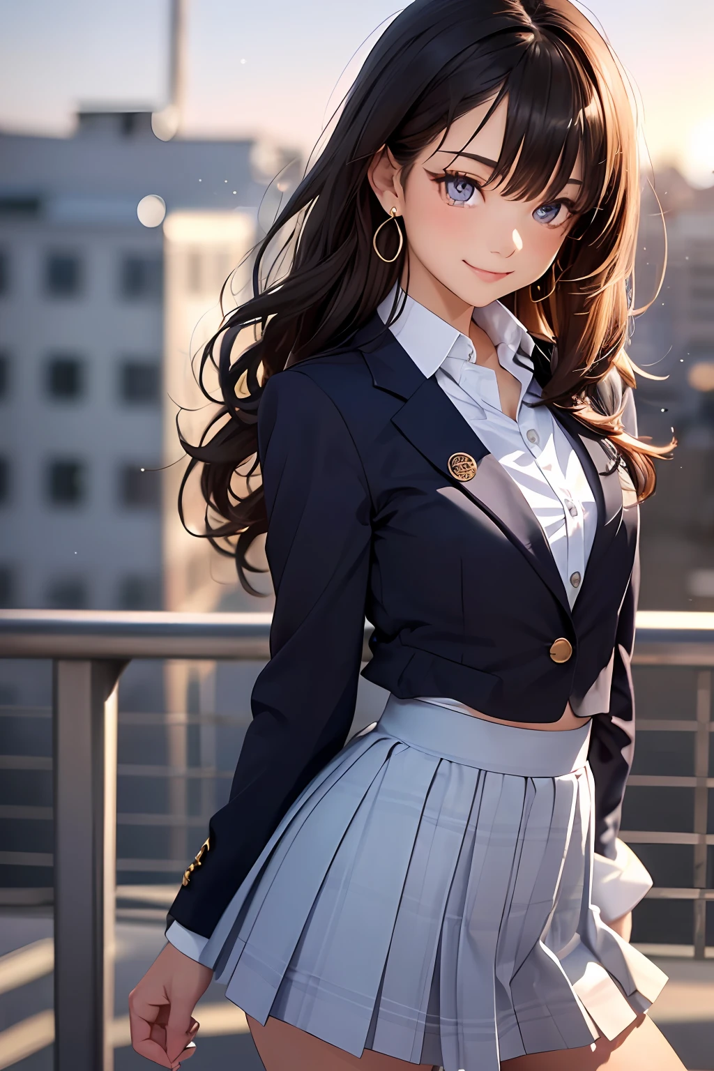 (masutepiece: 1.3), (max resolution: 1.2), (Ultra HDTV: 1.2), cinema lite, Ultra HDTV, (Detailed eyes and skin), (detailed facial features), ultgp, 8K resolution, Sharp Focus: 1.2, Perfect Style, Beautiful Face, accurate, Anatomically correct, Highly detailed face and skin texture, Detailed eyes, Dark-blue eyes, Double eyelids, Thin eyebrows, dropping eyes, (Glitter Eyeliner:1.2), Natural cheeks, Glossy skin, (Fair skin:1.2), shiny necklace and earrings, (Glossy lips: 1.4), break, absurderes, One-person viewpoint, (she is high school Student), (Wearing a Button up shirt, blazer, Pleated mini skirt), (shy smile:1.2), ((Innocent and very cute girl:1.3)), (Layered hairstyle, Wavy Hair), (Dark brown hair:1.2), Medium Long Hair, (Full body shot: 1.2), Focus on Face, medium large breasts, ((sexy pose on Instagram:1.2)), ((In the School Rooftop at night)),