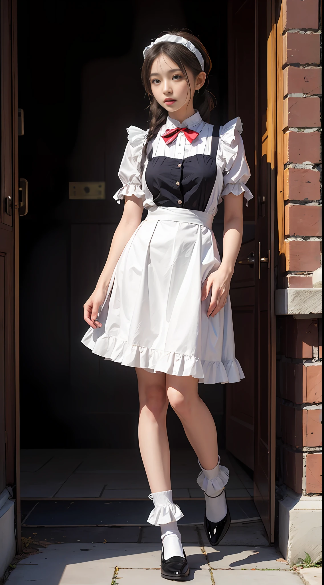 beste-Qualit、masterpiece、Super-High Resolution、(a photorealistic:1.4)、Raw photo、1人、British Made、Maid headband with frills、poneyTail、Braiding hair、frilled blouse、Ribbon Ties、pinafore、long skirt、puff sleeves、White silk ankle socks with frills、shining skin、is standing