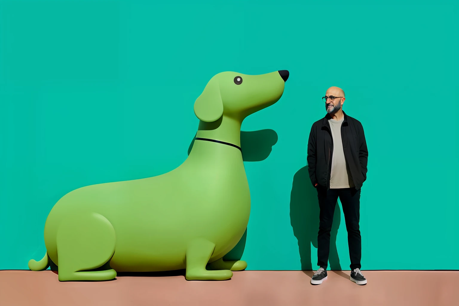 mid 30s bald man, green thick glasses, large light brown + grey beard