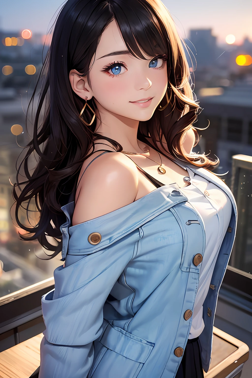 (masutepiece: 1.3), (max resolution: 1.2), (Ultra HDTV: 1.2), cinema lite, Ultra HDTV, (Detailed eyes and skin), (detailed facial features), ultgp, 8K resolution, Sharp Focus: 1.2, Perfect Style, Beautiful Face, accurate, Anatomically correct, Highly detailed face and skin texture, Detailed eyes, Dark-blue eyes, Double eyelids, Thin eyebrows, dropping eyes, (Glitter Eyeliner:1.2), Natural cheeks, Glossy skin, (Fair skin:1.2), shiny necklace and earrings, (Glossy lips: 1.4), break, absurderes, One-person viewpoint, (she is high school Student), (Wearing a Button up shirt, blazer, Pleated mini skirt), ((off-shoulder:1.3)), (shy smile:1.2), ((Innocent and very cute girl:1.3)), (Layered hairstyle, Wavy Hair), (Dark brown hair:1.2), Medium Long Hair, (Full body shot: 1.2), Focus on Face, medium large breasts, (looking back at viewer:1.2), ((sexy pose on Instagram:1.2)), ((In the School Rooftop:1.2)), ((background of night view:1.4)), (from behind:1.2)