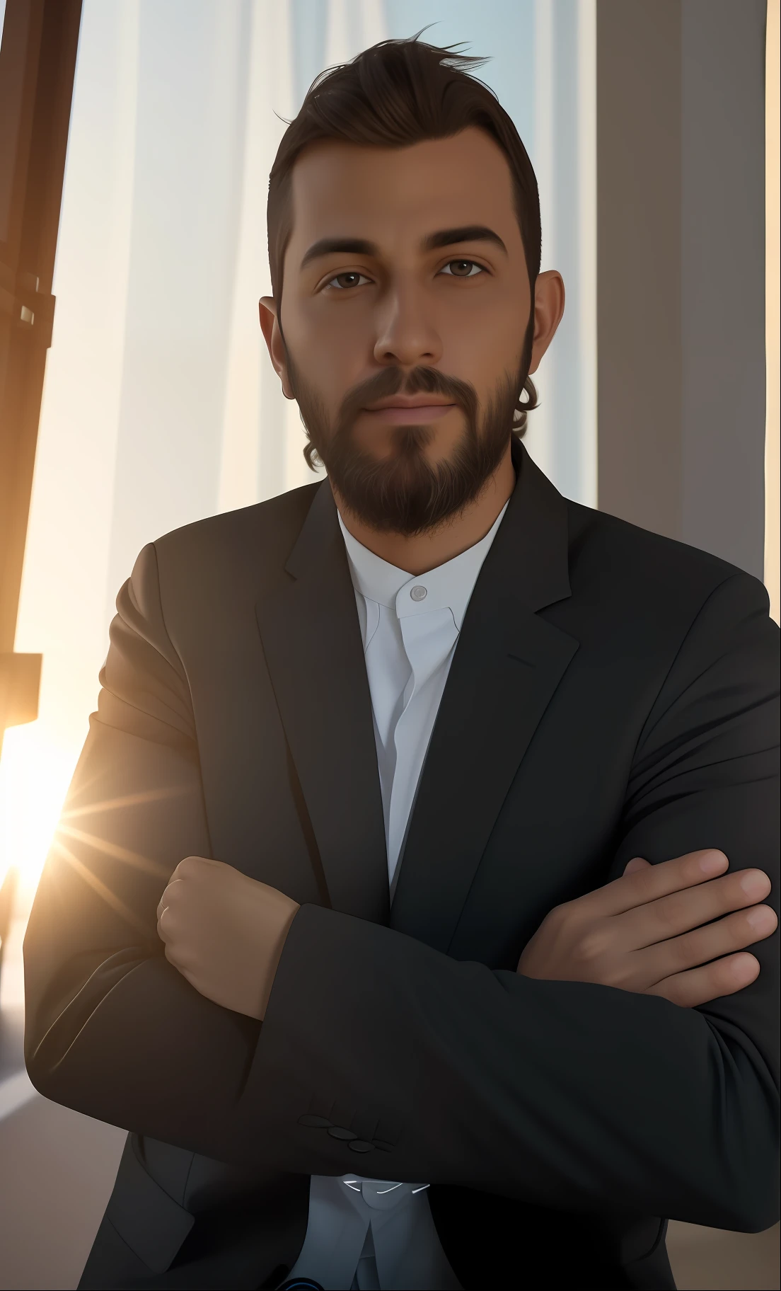 "uma foto profissional (realista) (usando apenas o rosto dessa imagem), em um fundo neutro, with natural lighting to highlight the face, you're sitting in an armchair, vestindo um terno elegante, staring directly at camera, with a serious and expressive look. Use a DSRL camera (DSLR) de alta qualidade, como Canon ou Sony, para capturar a imagem perfeita."
